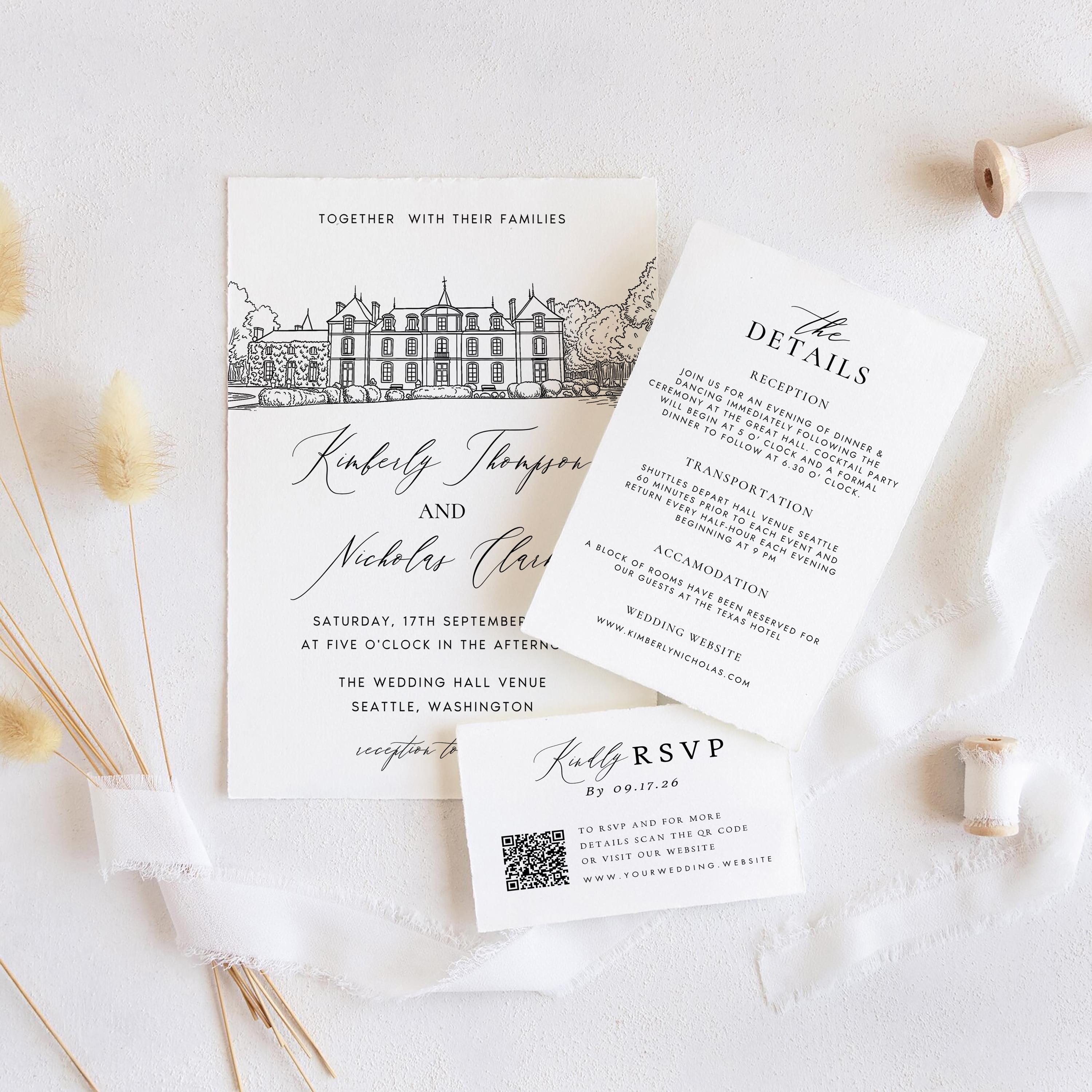 Custom Wedding Venue Lineart Invitation Bundle | Modern Wedding Sketch Illustration Invite | Editable Canva Template