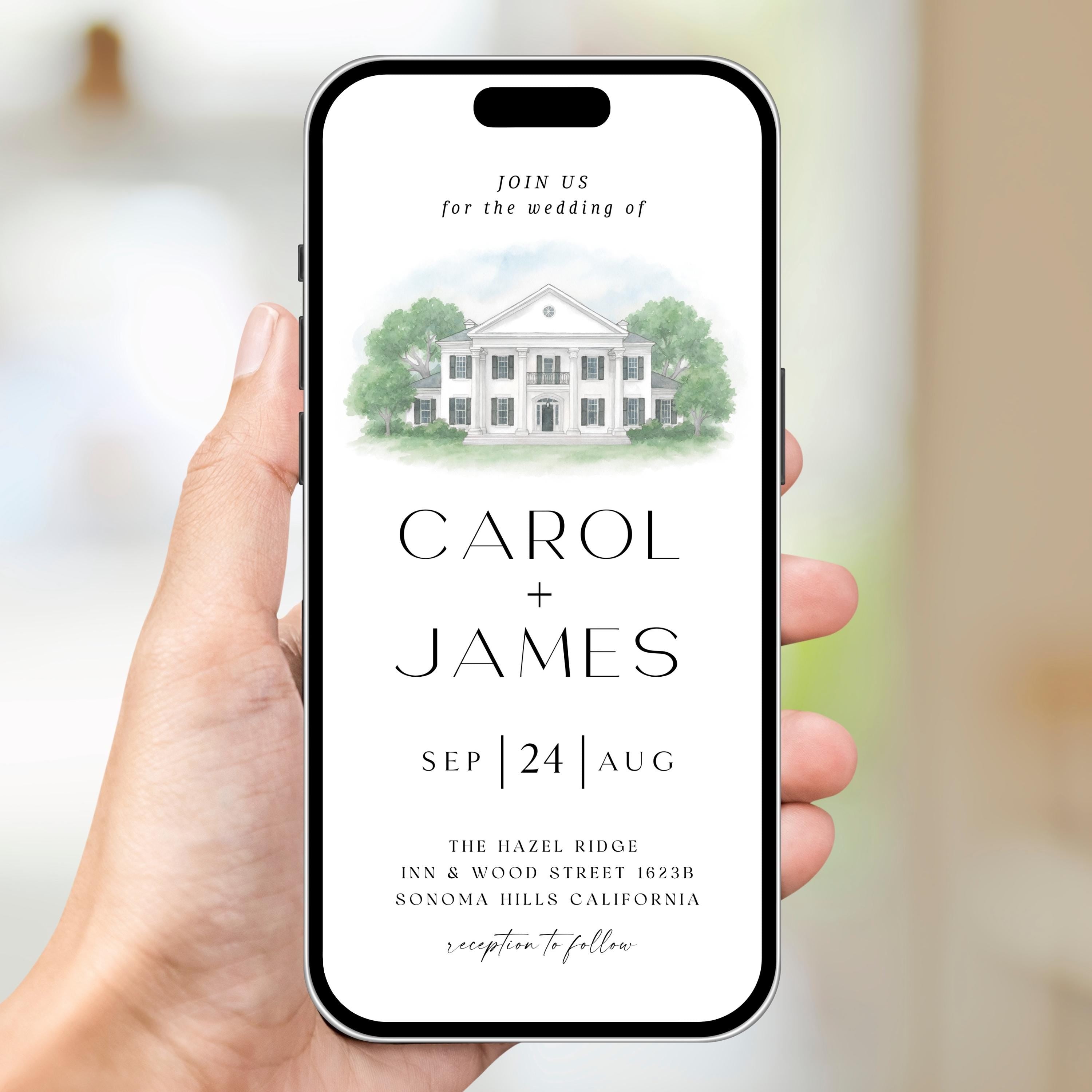 Digital Venue Sketch Save the Date: Watercolor Wedding E-vite (JPEG, PNG, PDF