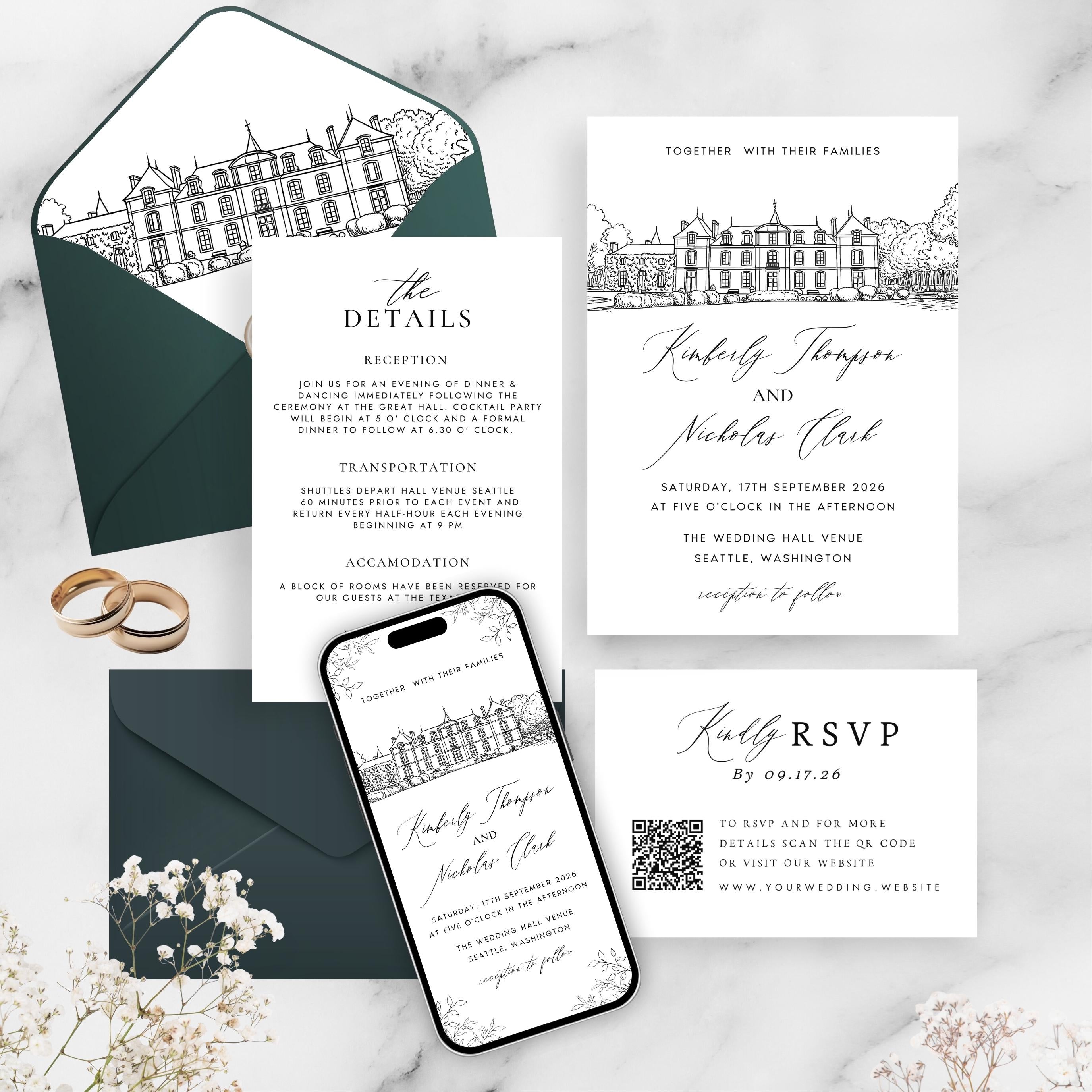 Personalized Wedding Venue Sketch Invitation Suite, Fully Editable DIY Canva Template, Wedding Stationery Bundle