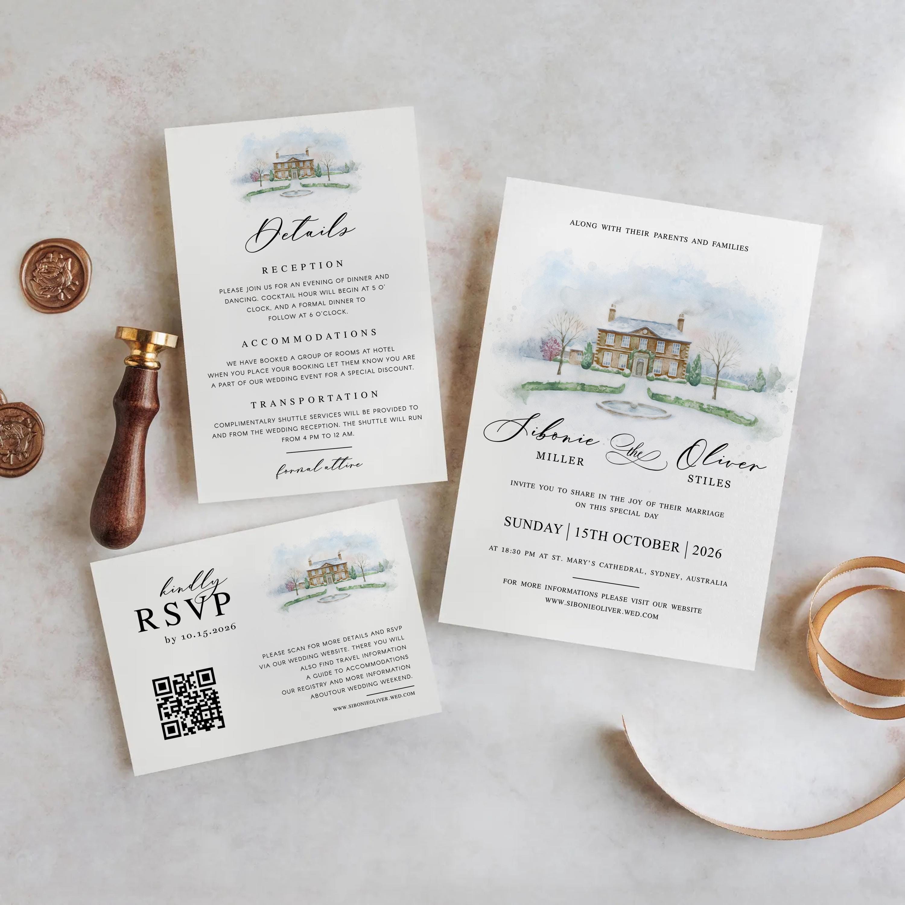 Minimalist Venue Watercolor Wedding Invitations Suite | Venue Illustration Sketch | Editable Canva Template