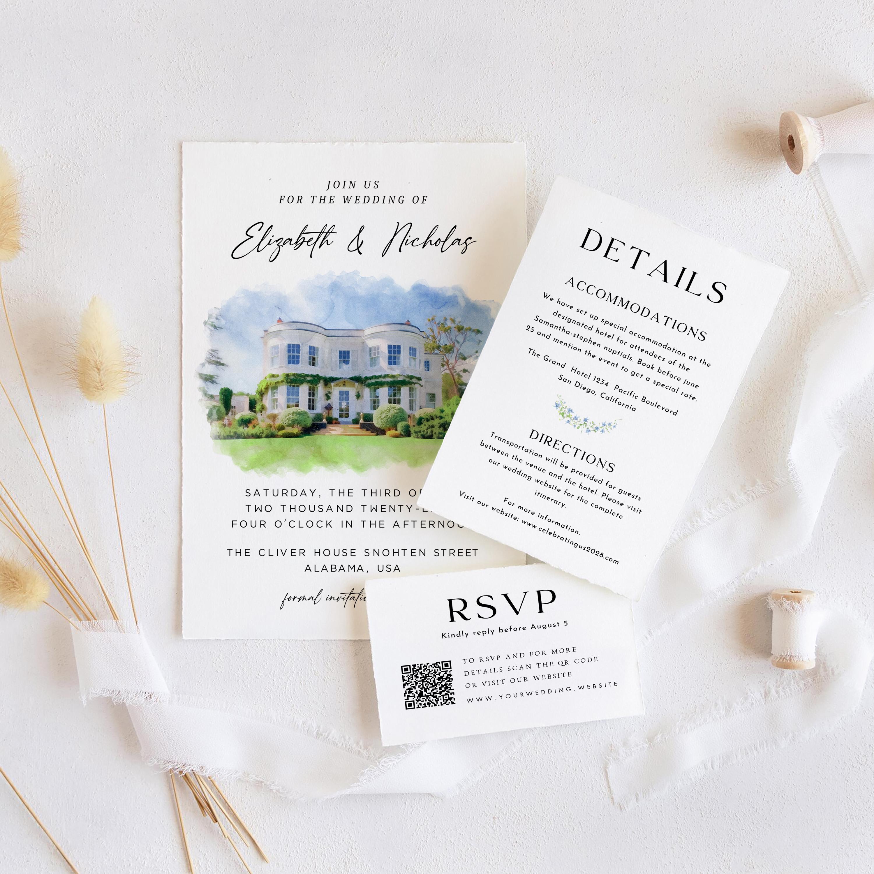 Custom Watercolor Venue Wedding Invitation | Printable Wedding Stationery Bundle | Editable Canva Template