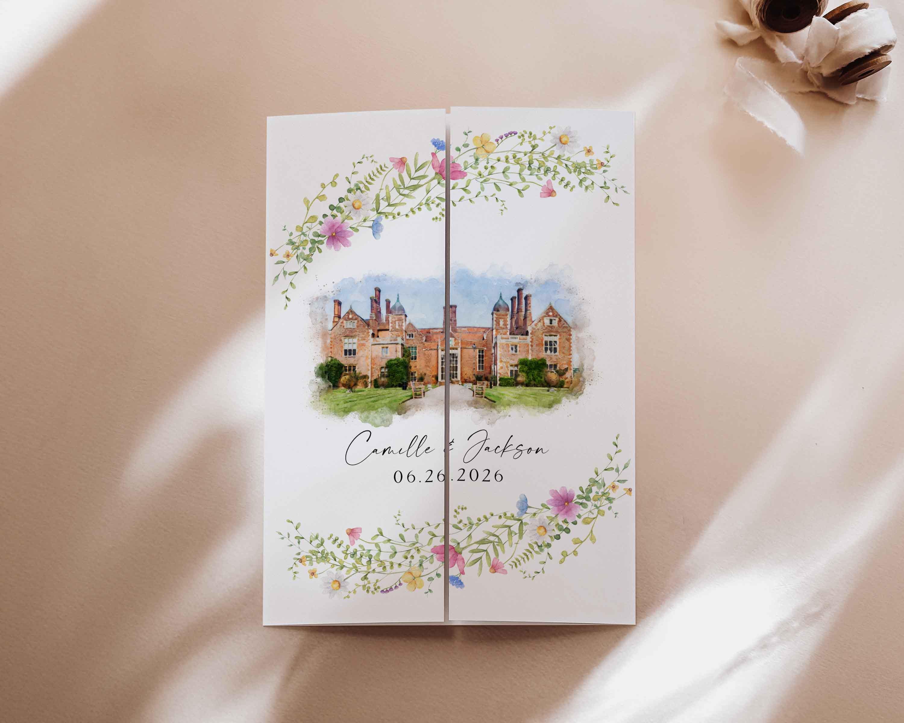 Watercolor Venue Wedding Invitation, Editable Gatefold Canva Template, Custom Invite