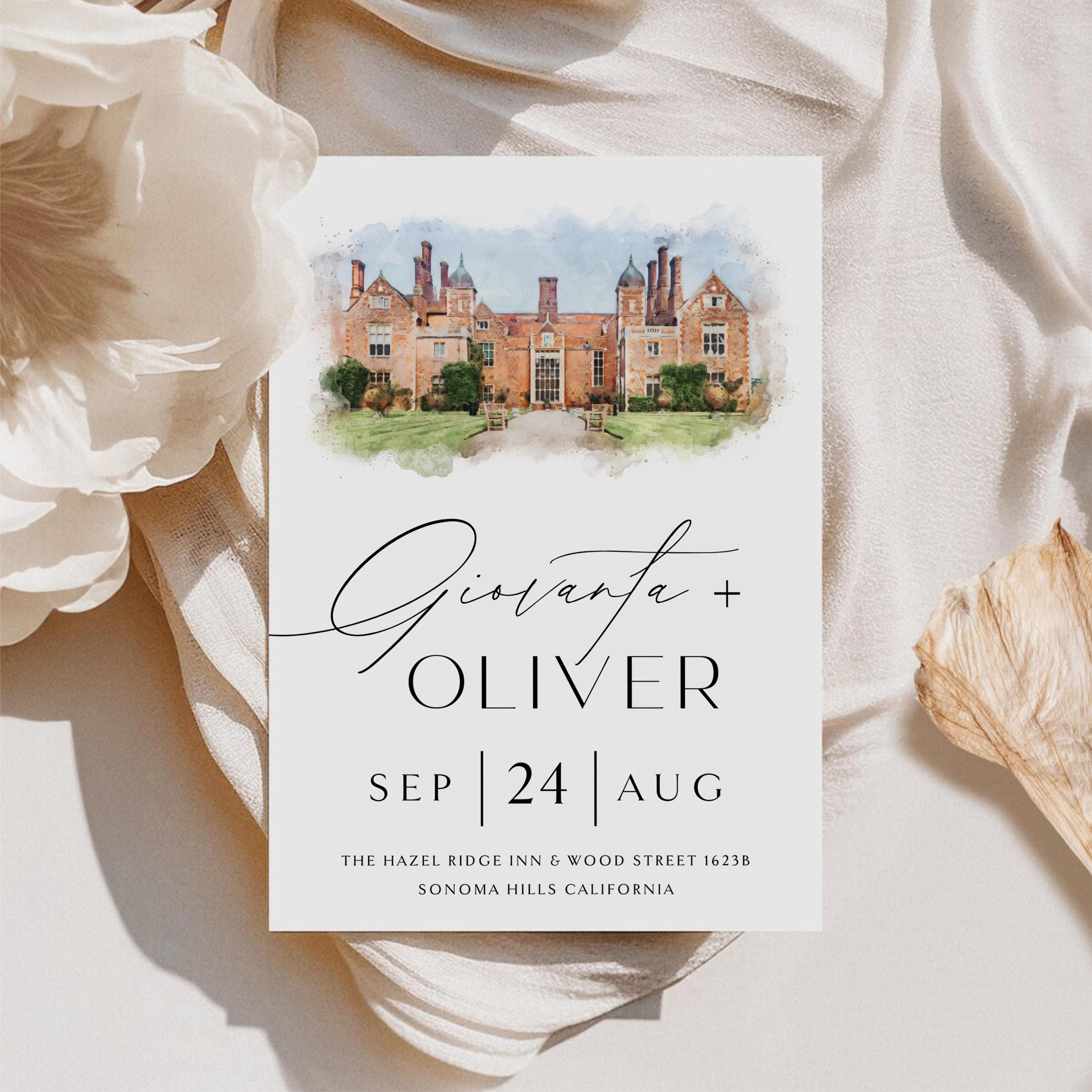 Watercolor Wedding Venue Invitation: Custom Illustration Template (PDF, PNG, JPEG Digital Download)