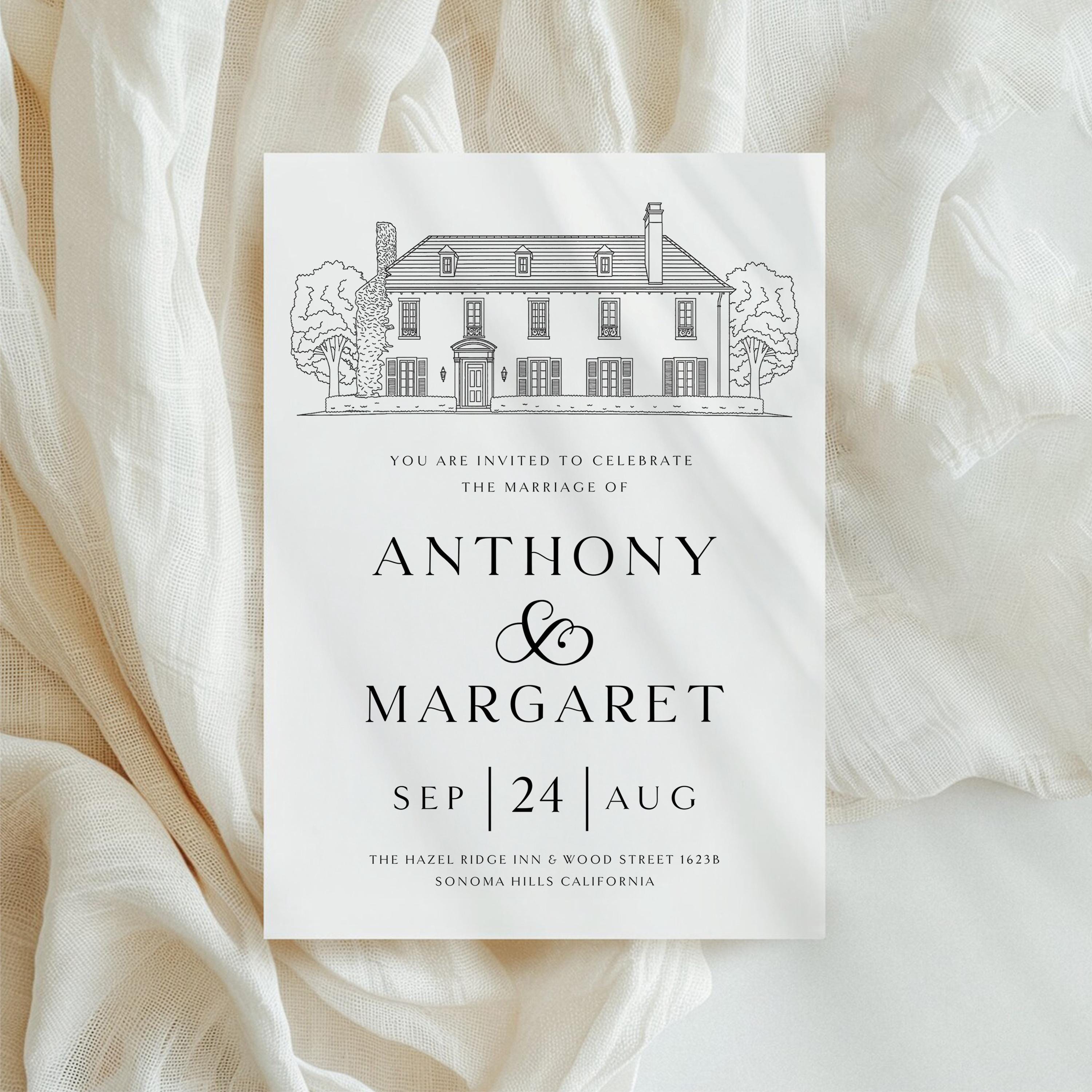 Custom Venue Line Art Wedding Invitation Template (DIY Canva Edit, Digital Download)