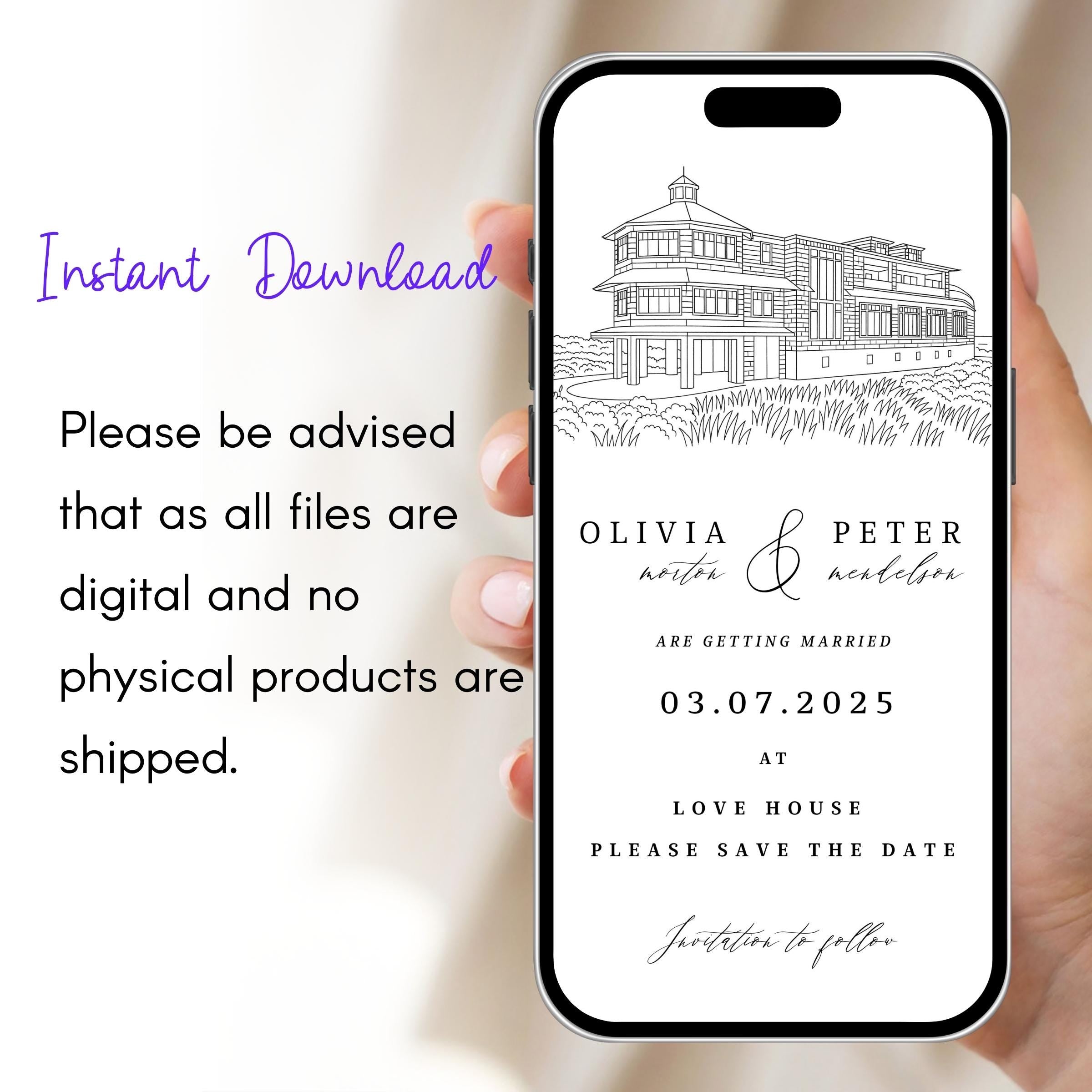 Venue Sketch Save the Date: Digital Wedding Invitation (JPEG, PNG, PDF