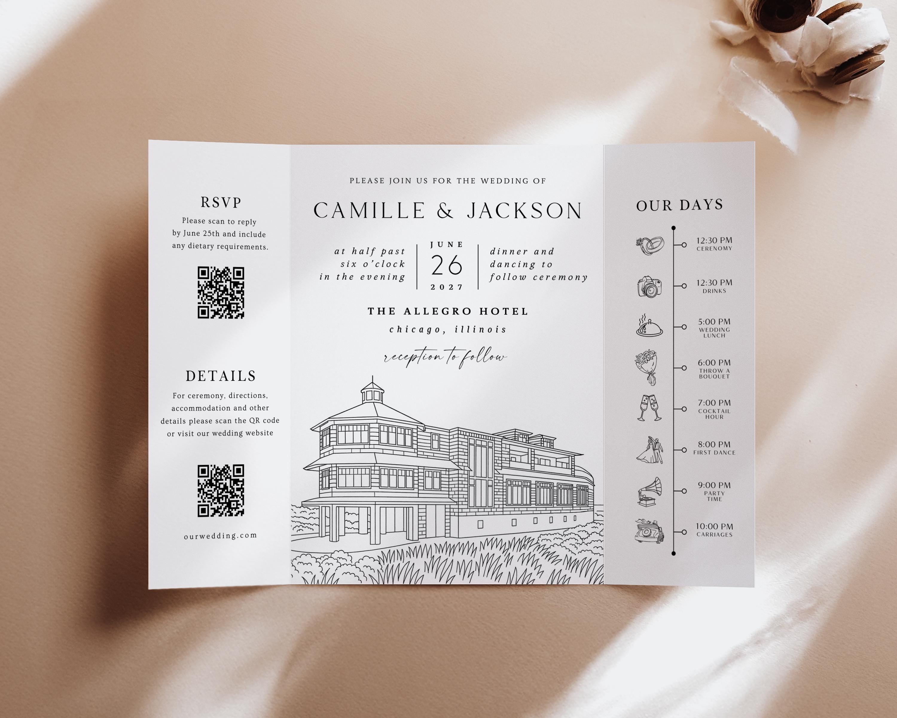 Venue Sketch Wedding Invitation: Gatefold Line Drawing (DIY Canva Template)