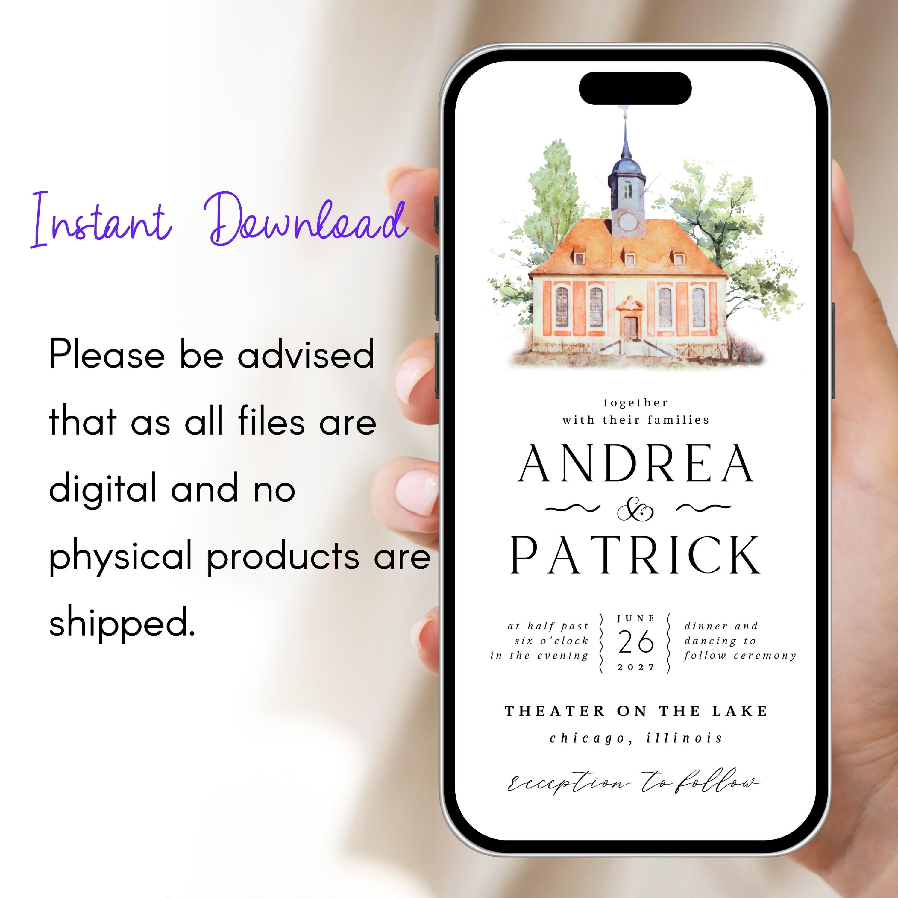 Digital Venue Sketch Save the Date: Watercolor Wedding E-vite (JPEG, PNG, PDF