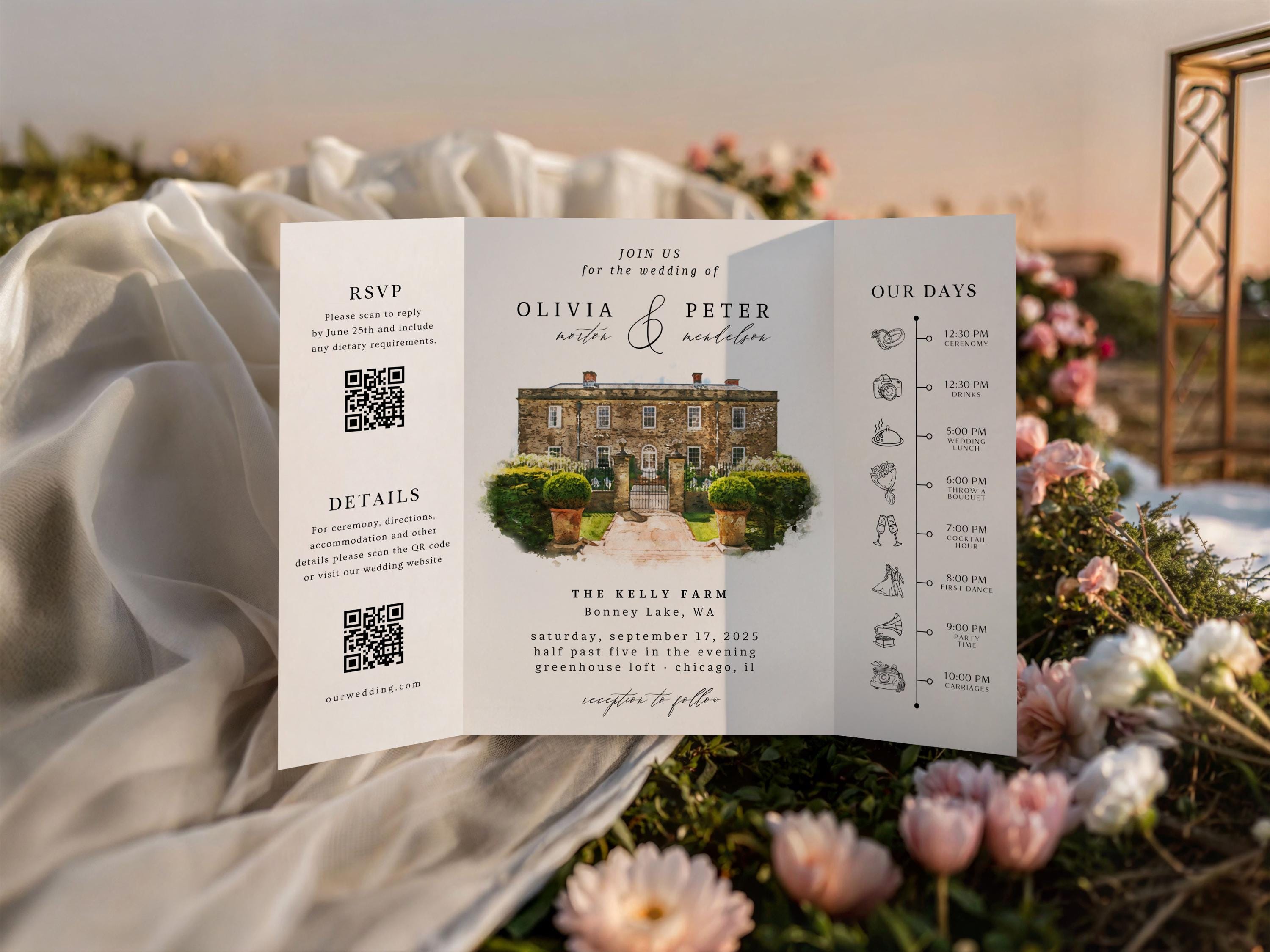 Modern Watercolor Venue Wedding Invitation, Gatefold Canva Template, Custom Editable Invite