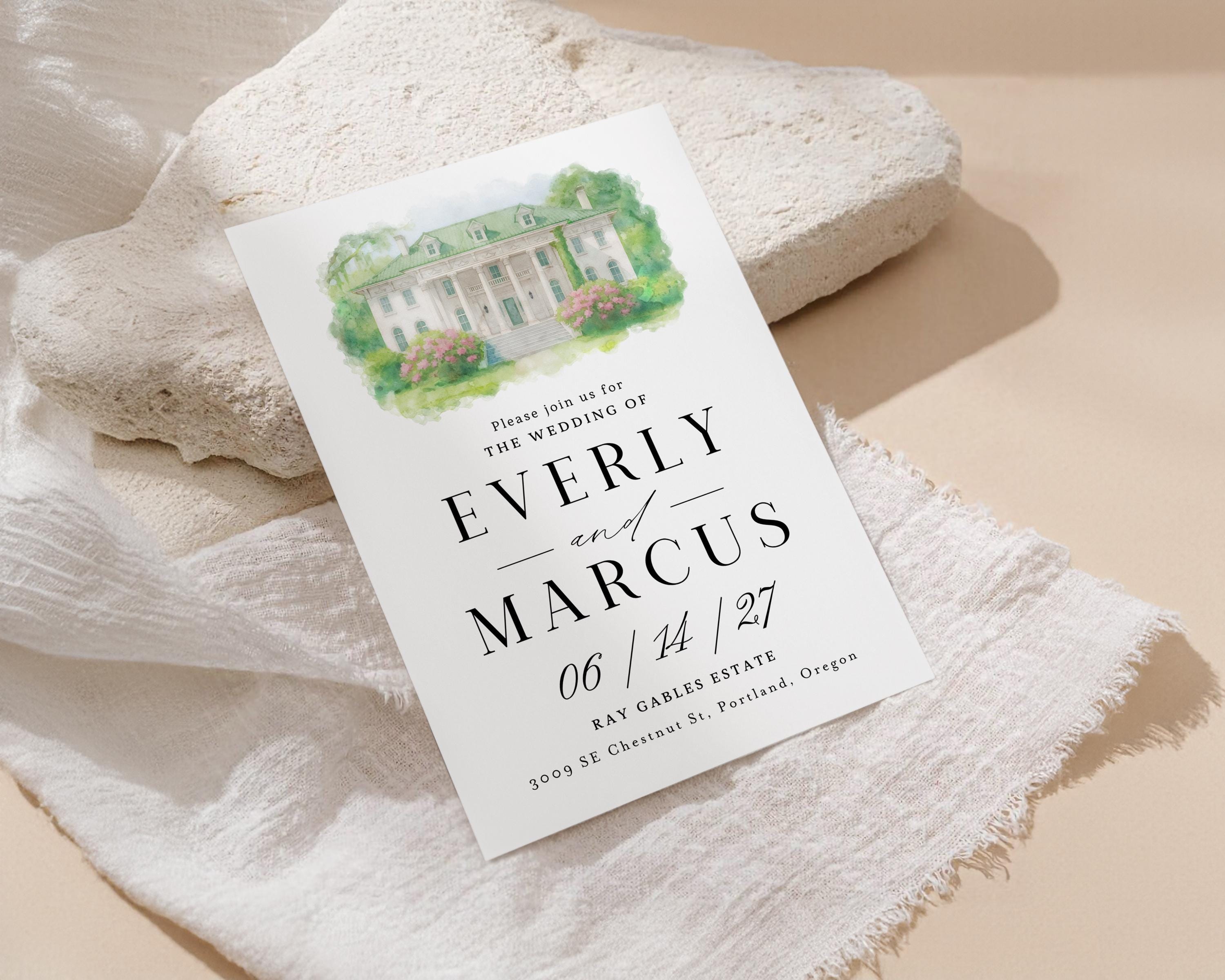 Custom Watercolor Wedding Venue Invitation: Digital Canva Template