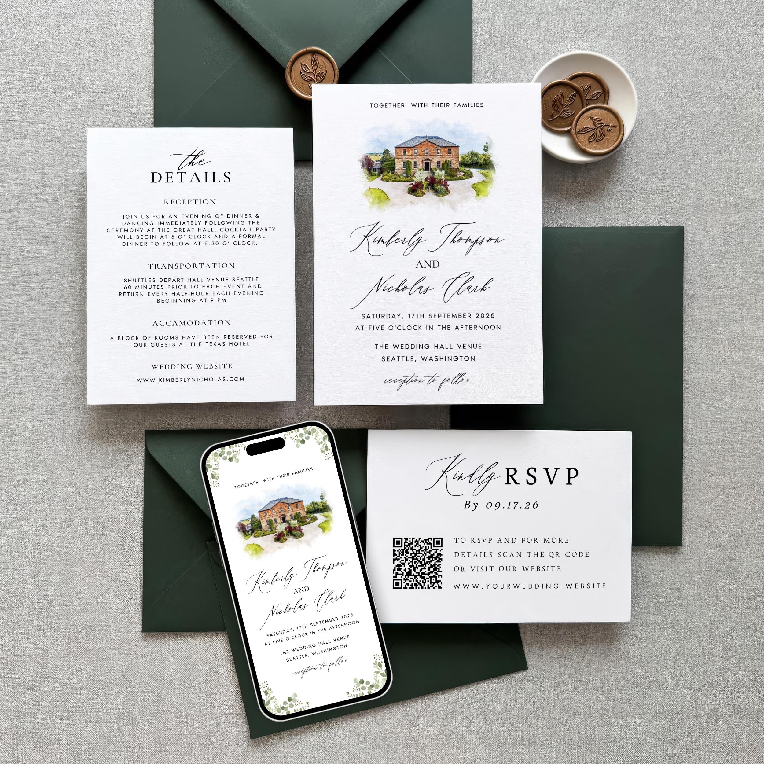 Custom Watercolor Venue Wedding Invitation set | Editable Canva Invite Template | Modern Wedding Illustration