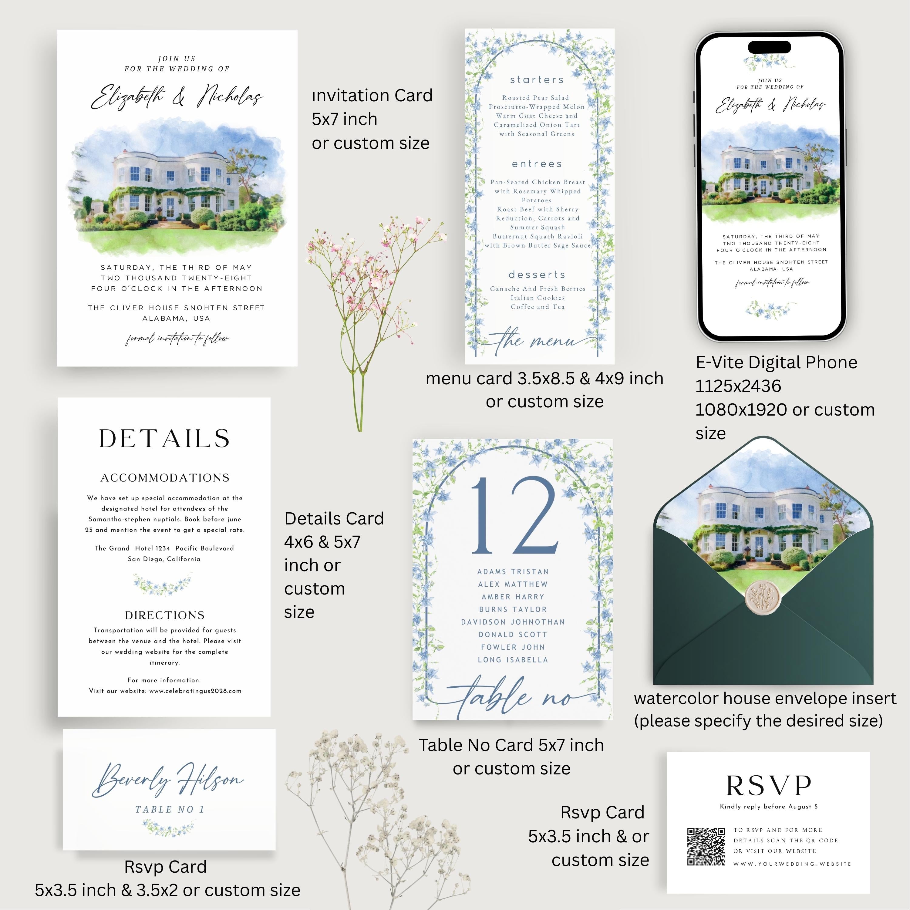 Custom Watercolor Venue Wedding Invitation | Printable Wedding Stationery Bundle | Editable Canva Template