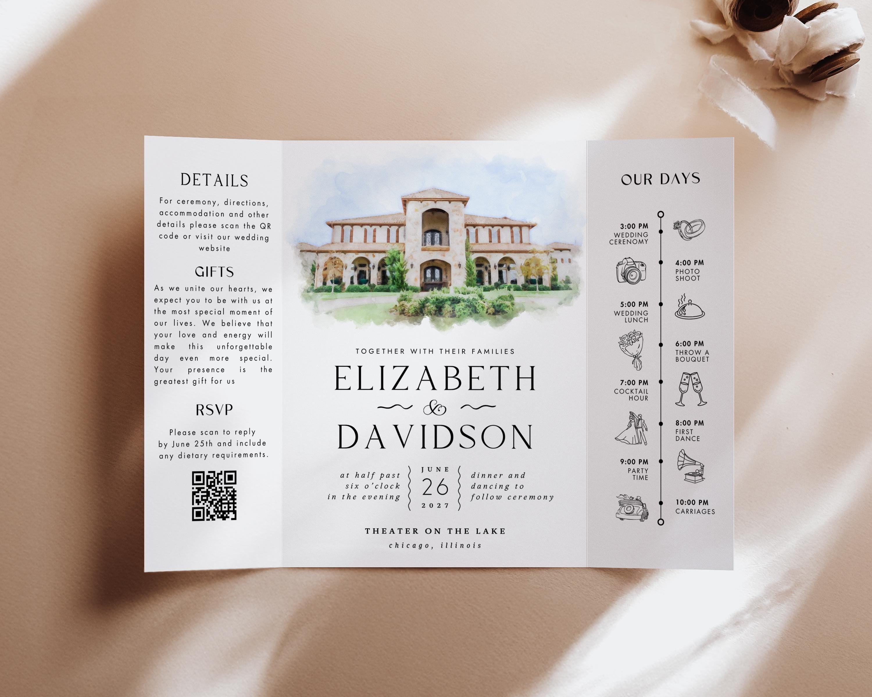 Watercolor Venue Wedding Invitation, Editable Gatefold Canva Template, Custom Invite