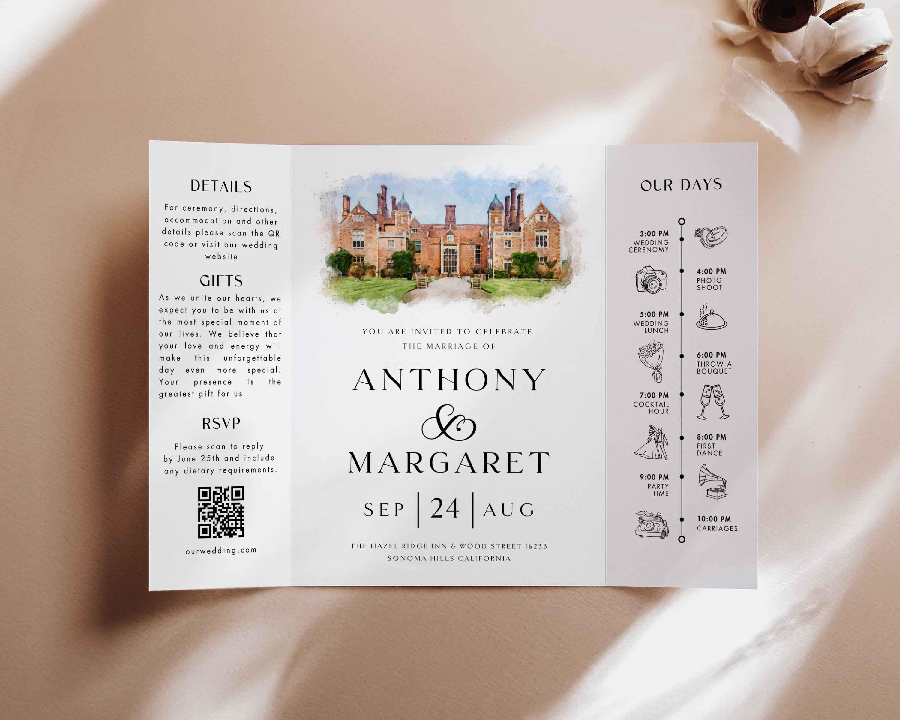Watercolor Venue Wedding Invitation, Editable Gatefold Canva Template, Custom Invite
