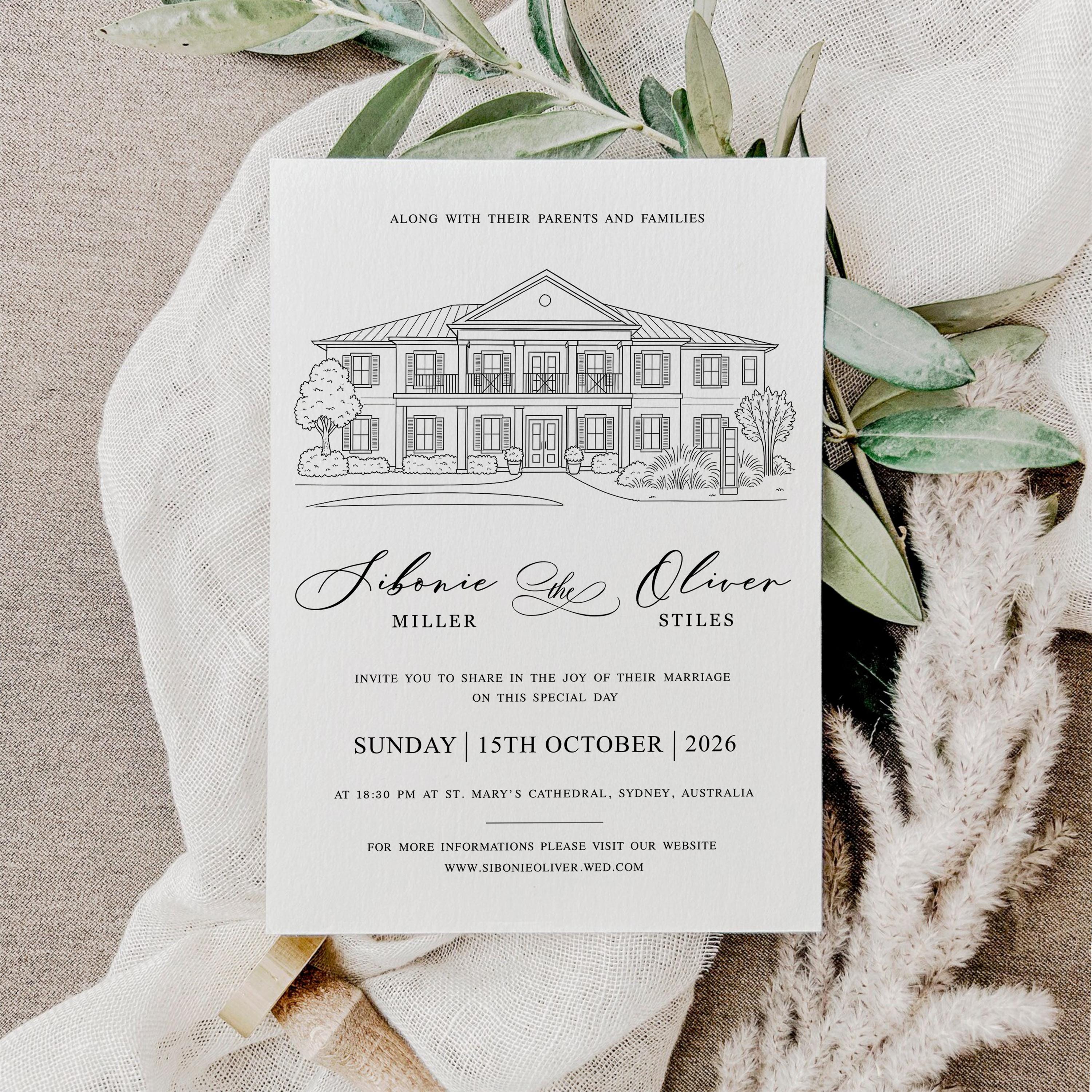 Modern Venue Sketch Wedding Invitation Suite | Custom Line Art invite | Editable Canva Template | Illustration Invite set