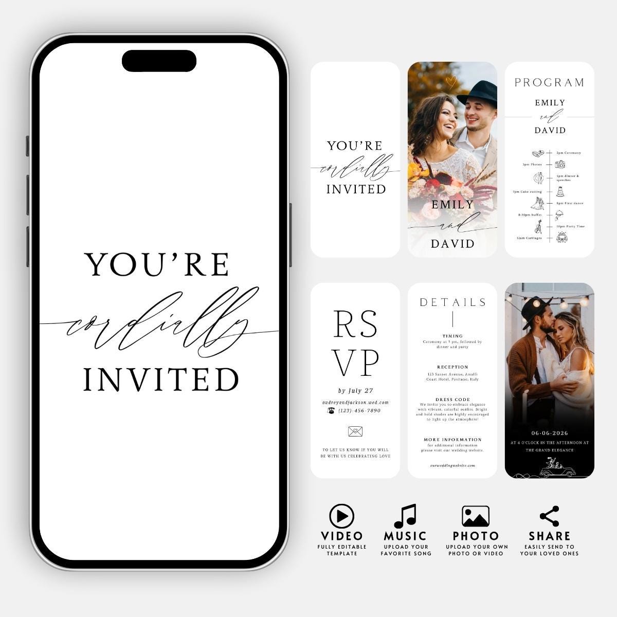 Animated Wedding Invitation Template: Minimalist Digital Phone Invite (Canva)