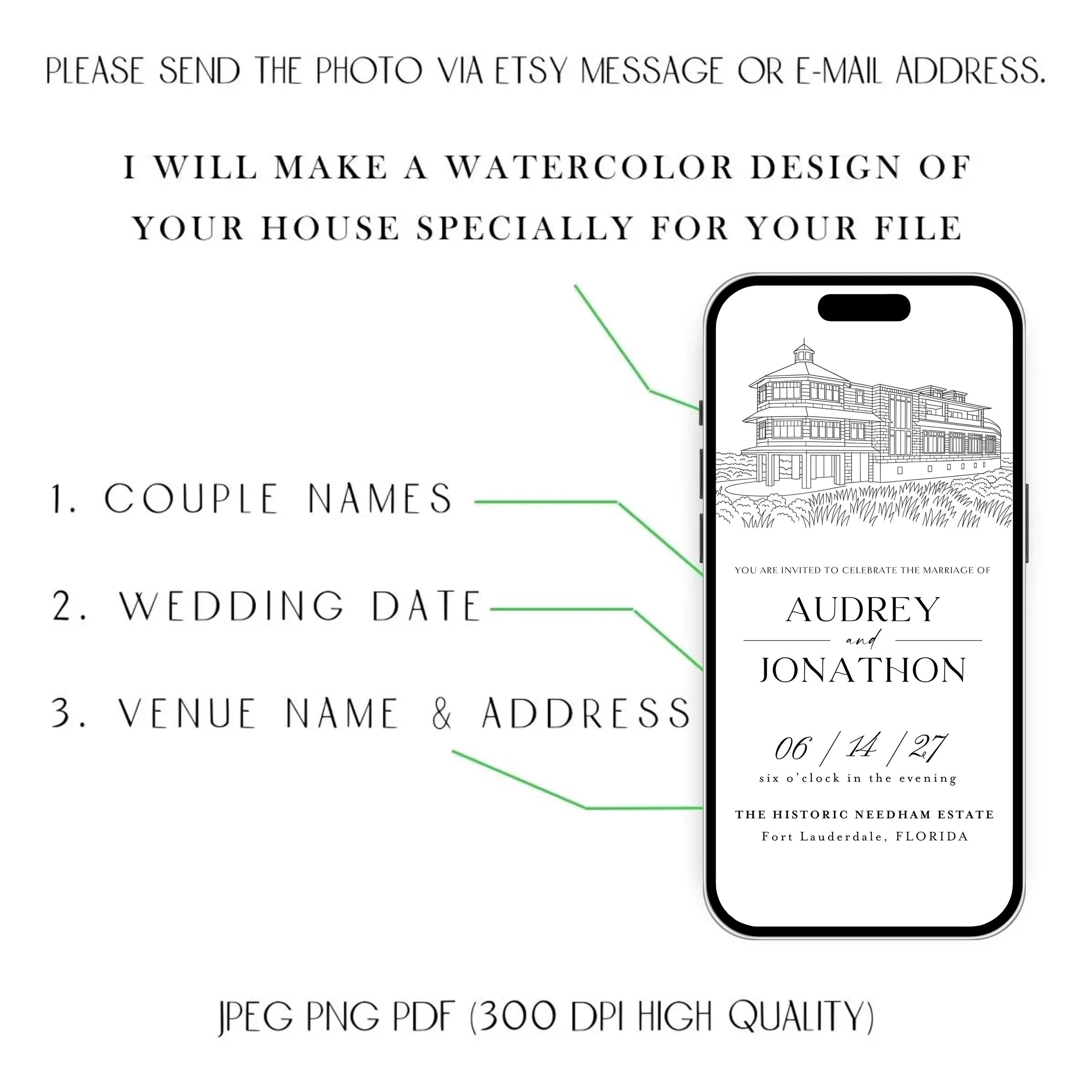 Digital Venue Sketch Save the Date: Personalized E-vite (JPEG, PNG, PDF