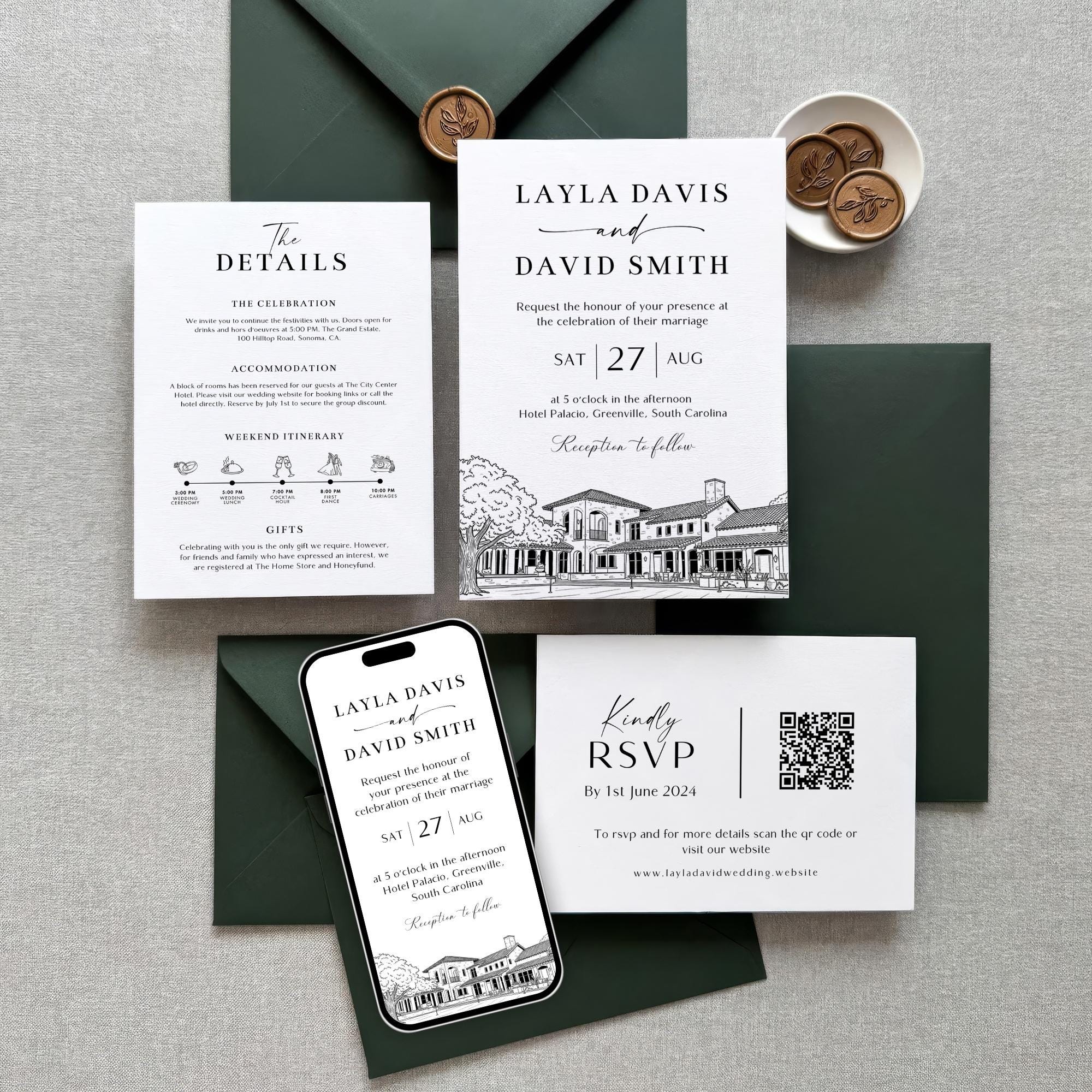 Personalized Wedding Venue Sketch Invitation Suite, Fully Editable DIY Canva Template, Wedding Stationery Bundle