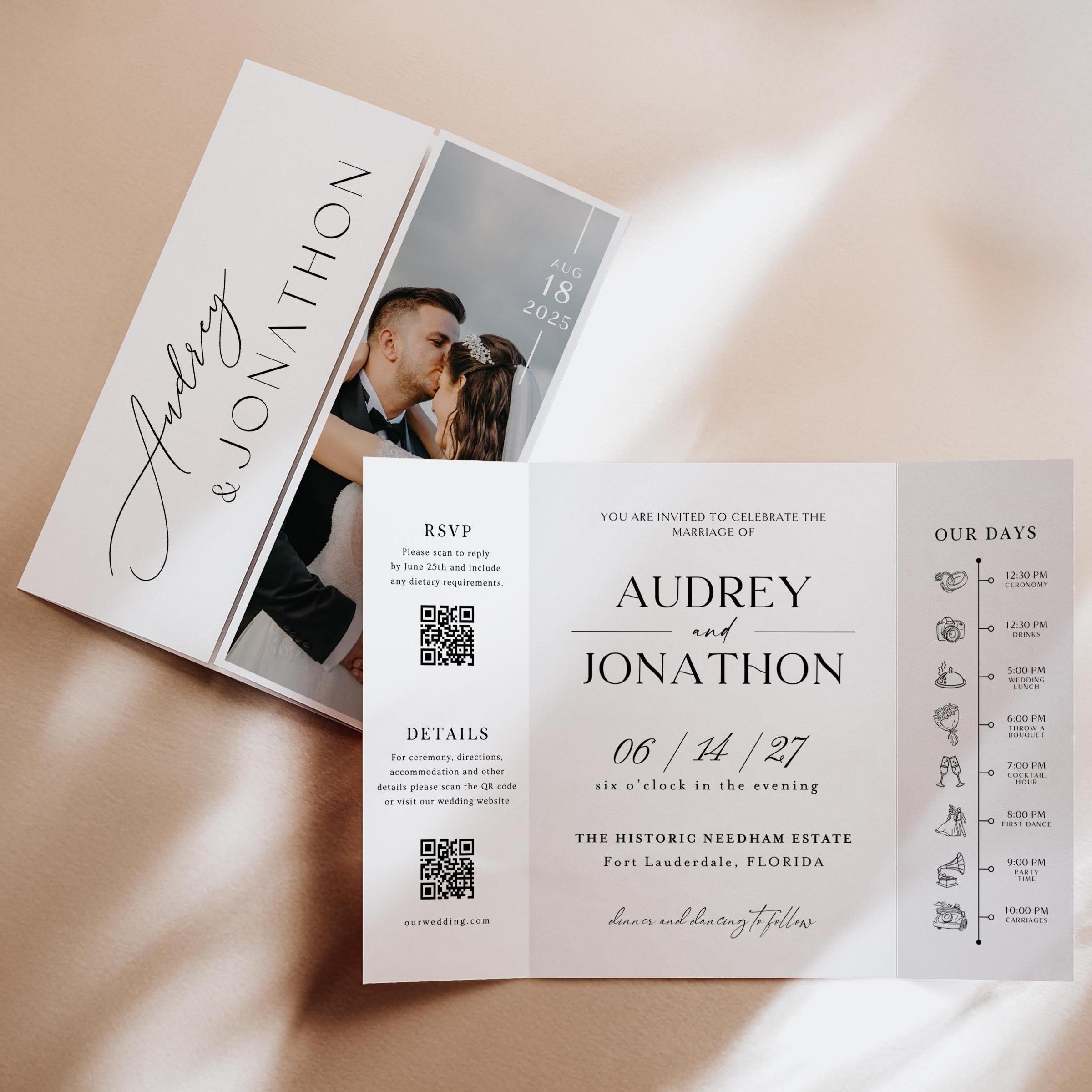 Photo Wedding Invitation Template, Gatefold Trifold, Editable Canva Minimalistic Invite