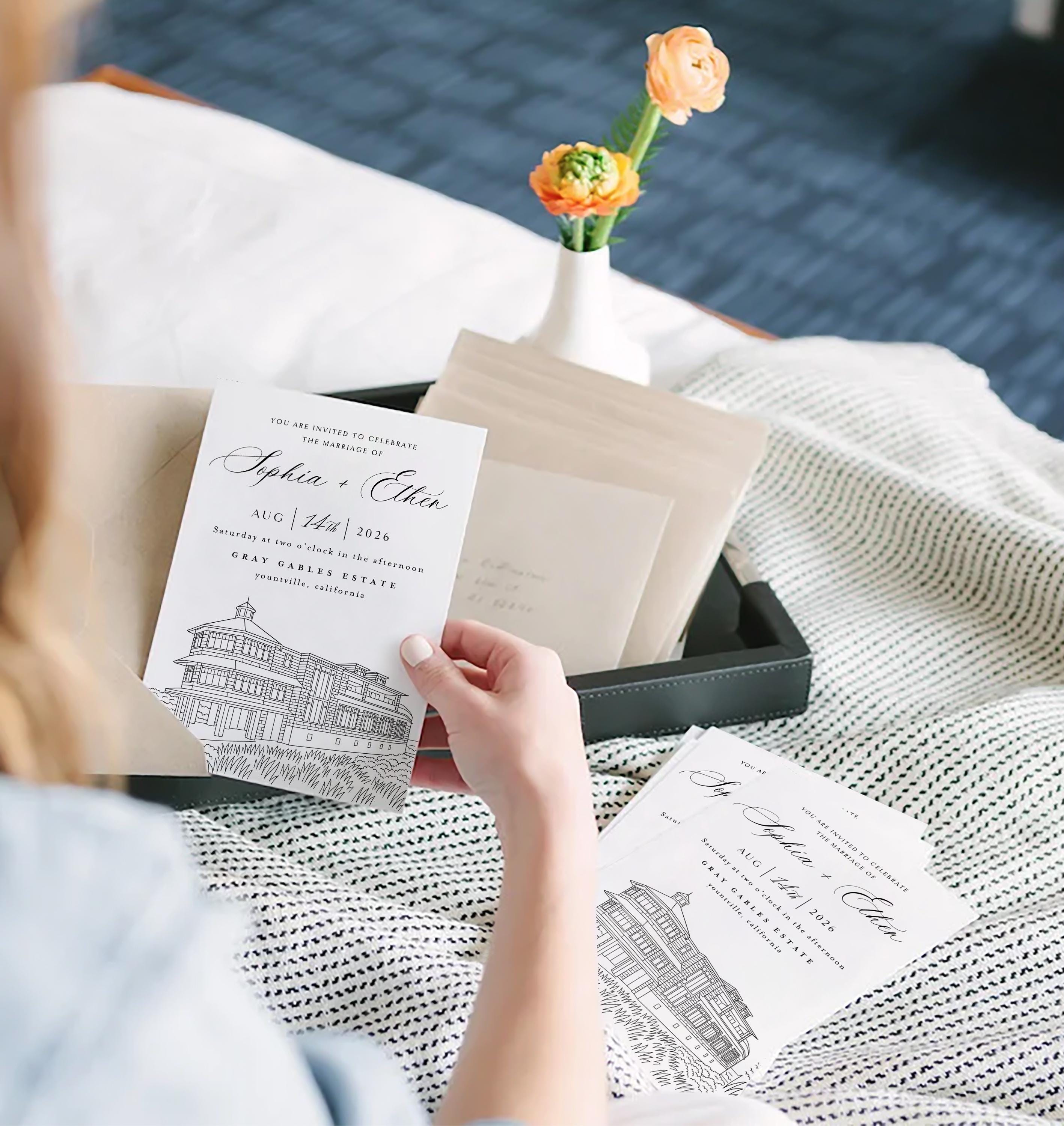 Wedding Venue Line Art Invitation: Custom Venue Sketch (Canva Template, Digital Download