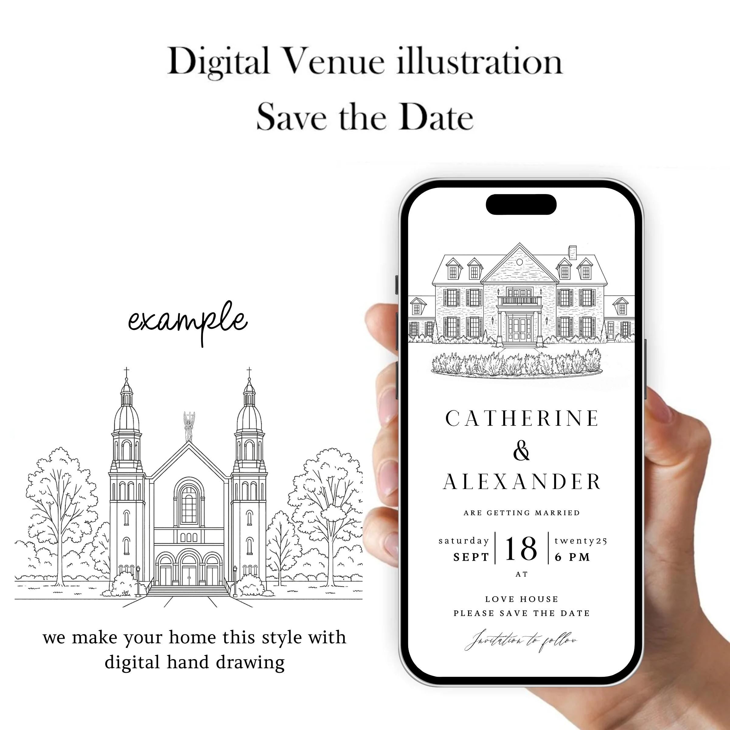 Digital Venue Sketch Save the Date: Personalized E-vite (JPEG, PNG, PDF