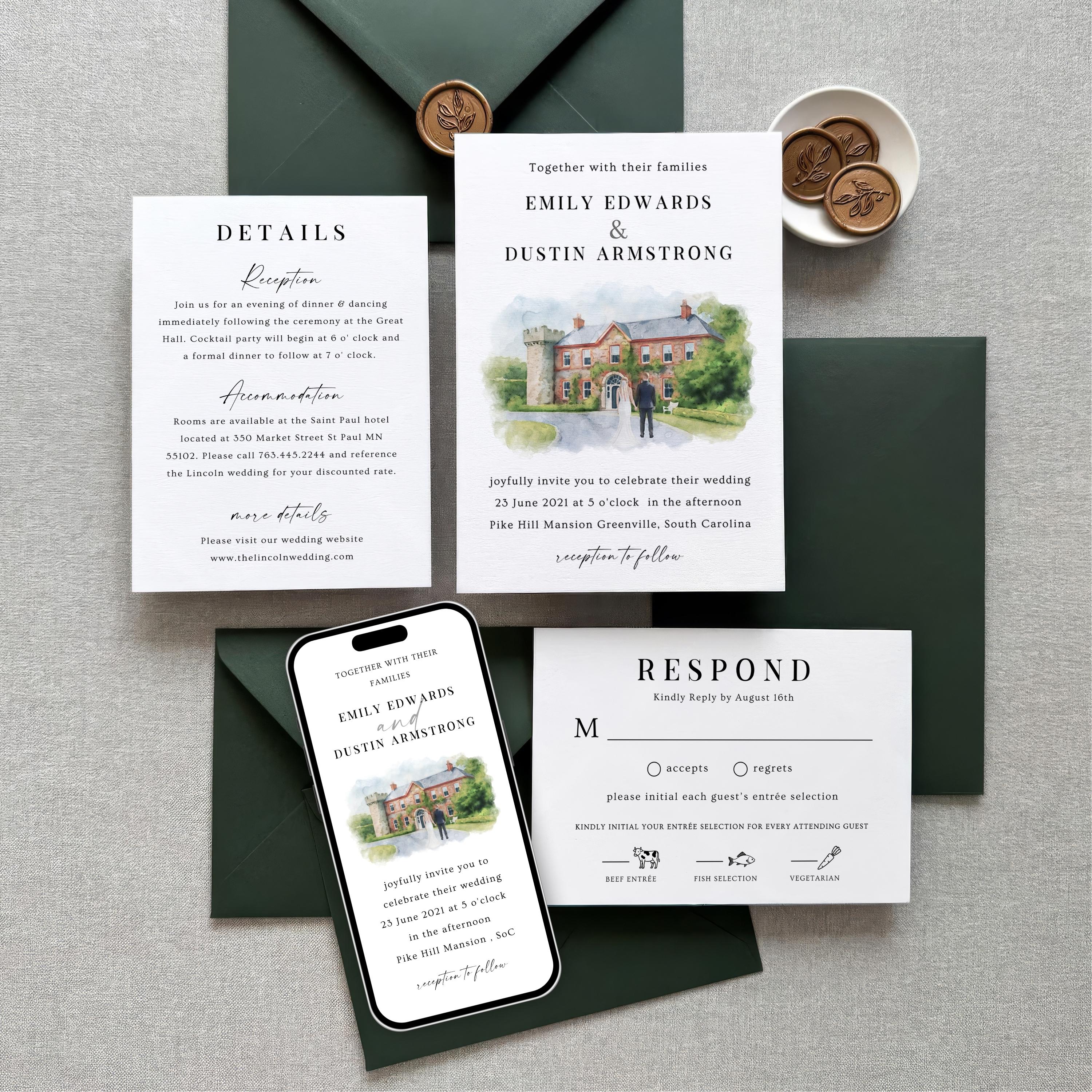 Custom Watercolor Venue Wedding Invitation set | Editable Canva Invite Template | Modern Wedding Illustration