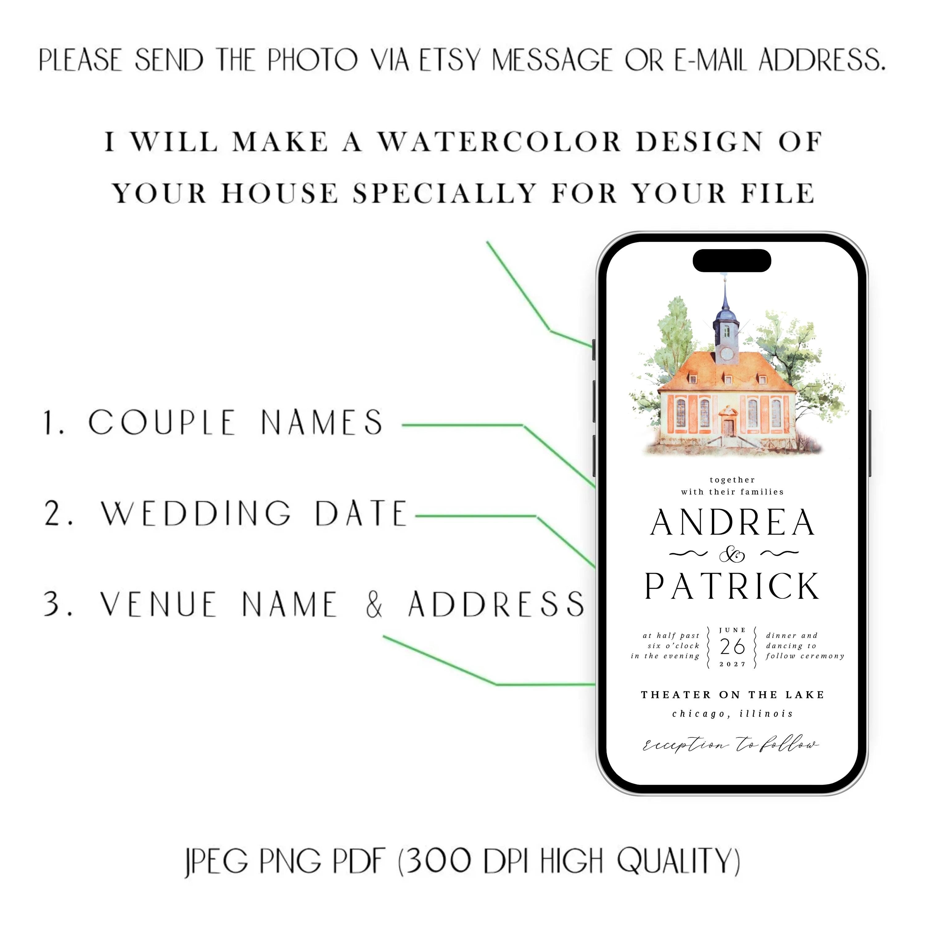 Digital Venue Sketch Save the Date: Watercolor Wedding E-vite (JPEG, PNG, PDF