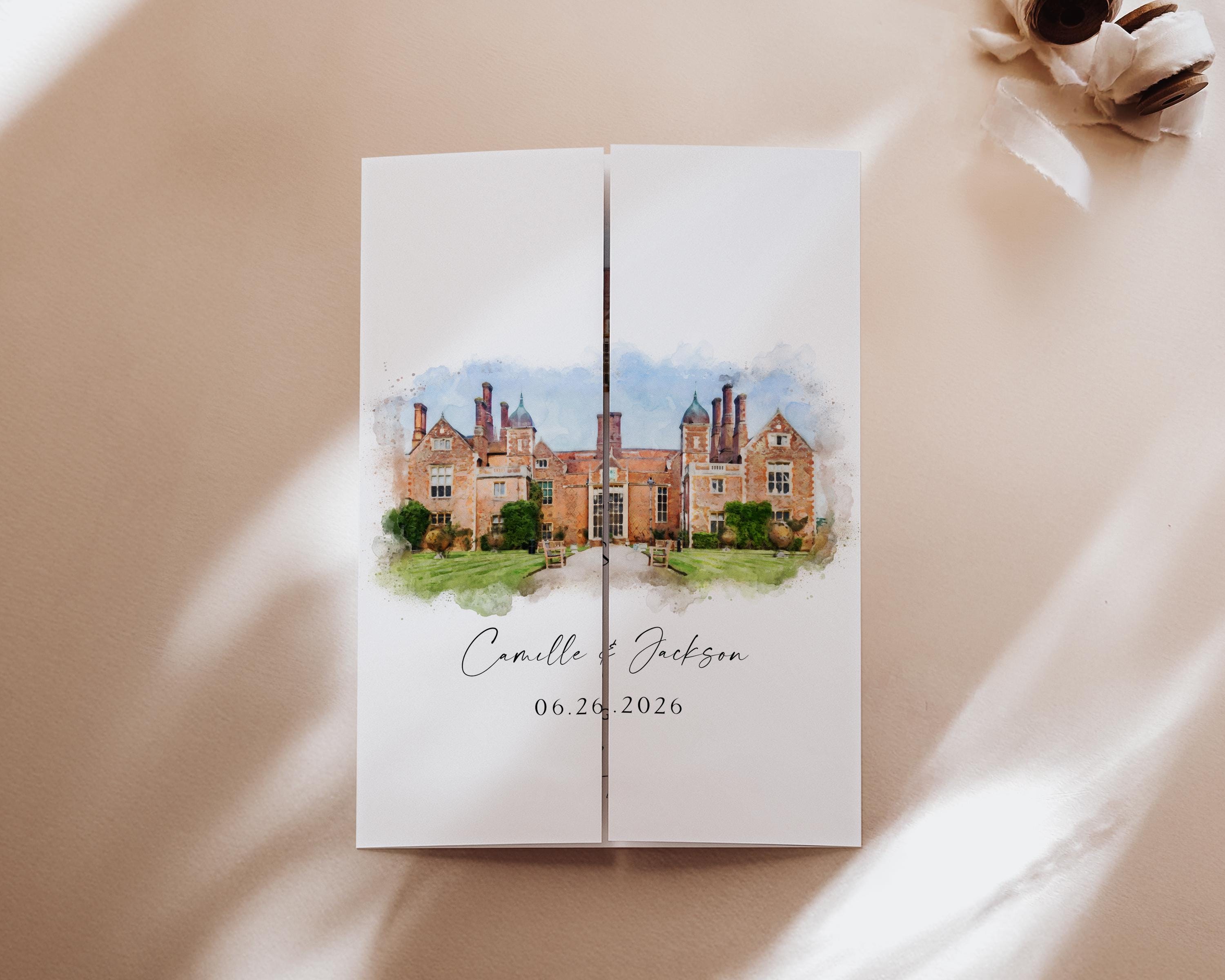 Watercolor Venue Wedding Invitation, Editable Gatefold Canva Template, Custom Invite