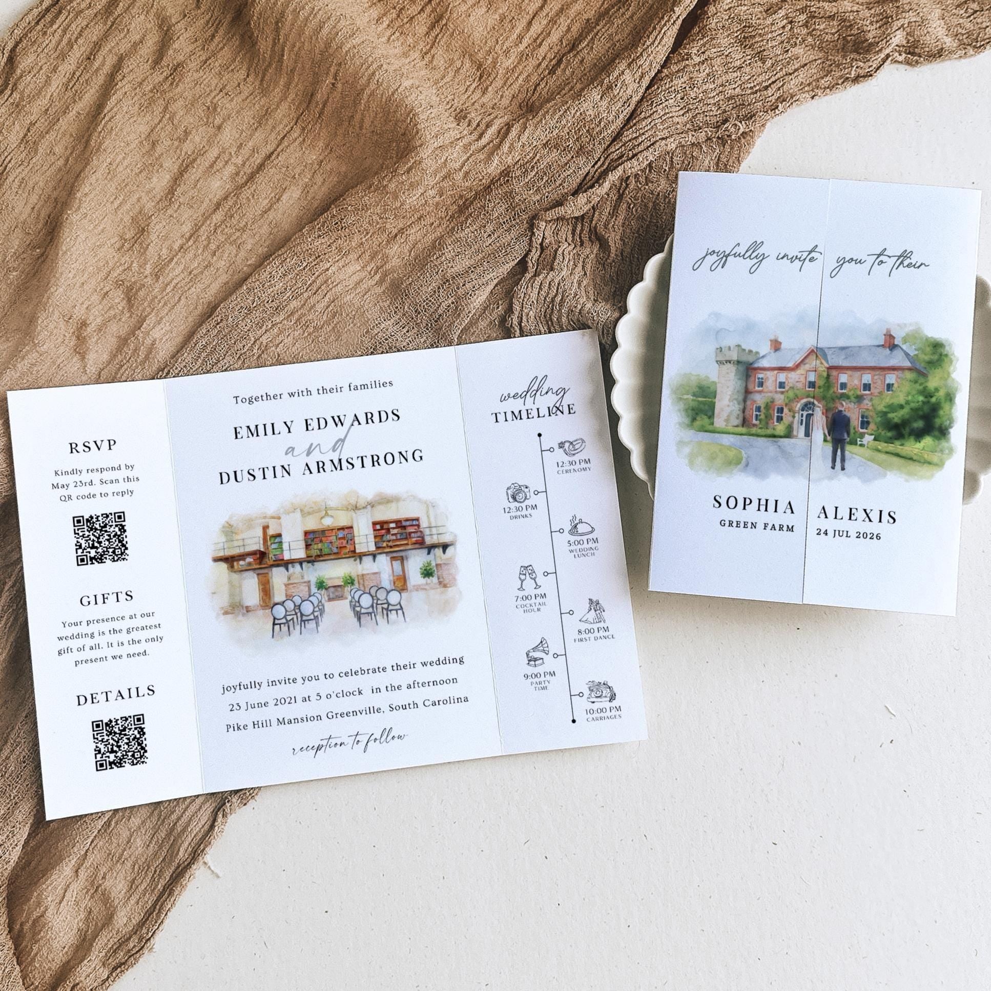 Personalized Watercolor Venue Wedding Invitation | Editable Canva Custom Gatefold Invite | Modern Wedding Template