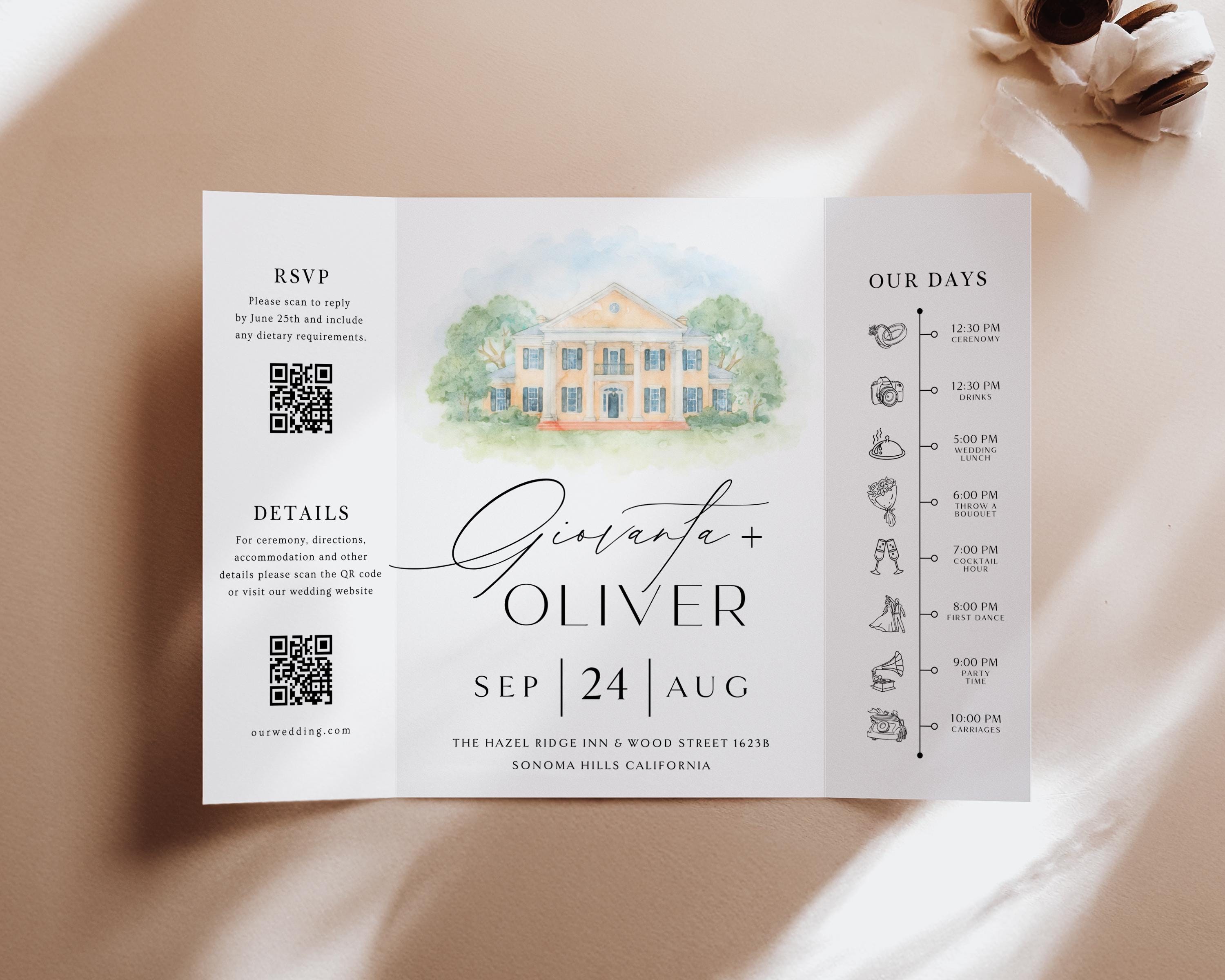 Watercolor Venue Wedding Invitation, Editable Gatefold Canva Template, Custom Invite