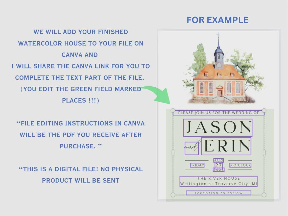 Custom Wedding Venue Line Art Invitation: DIY Canva Template (RSVP ,Details,include) (Digital Download)