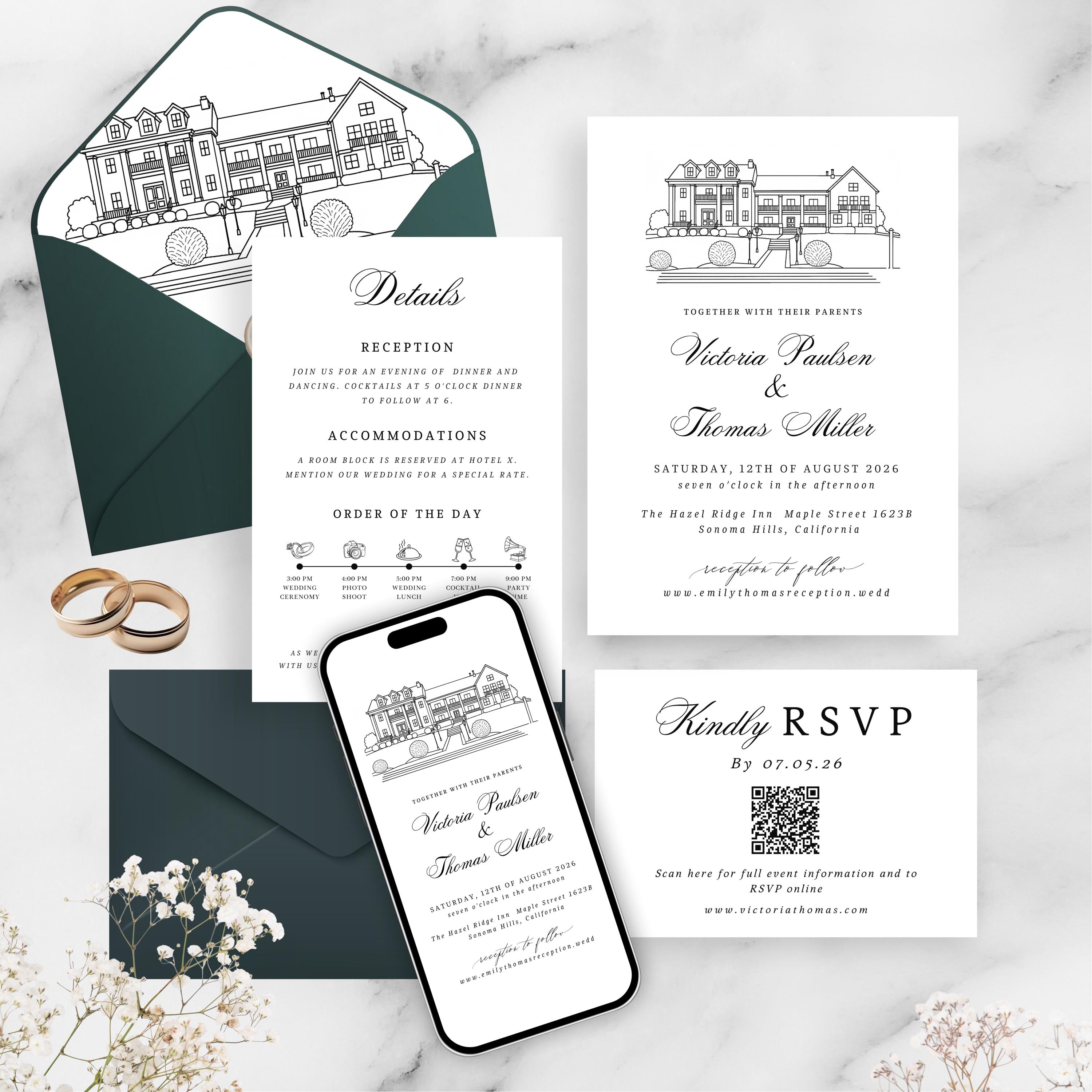 Custom wedding Venue Sketch Invitation set | Invite Venue Illustration Stationery | Editable DIY Canva Template