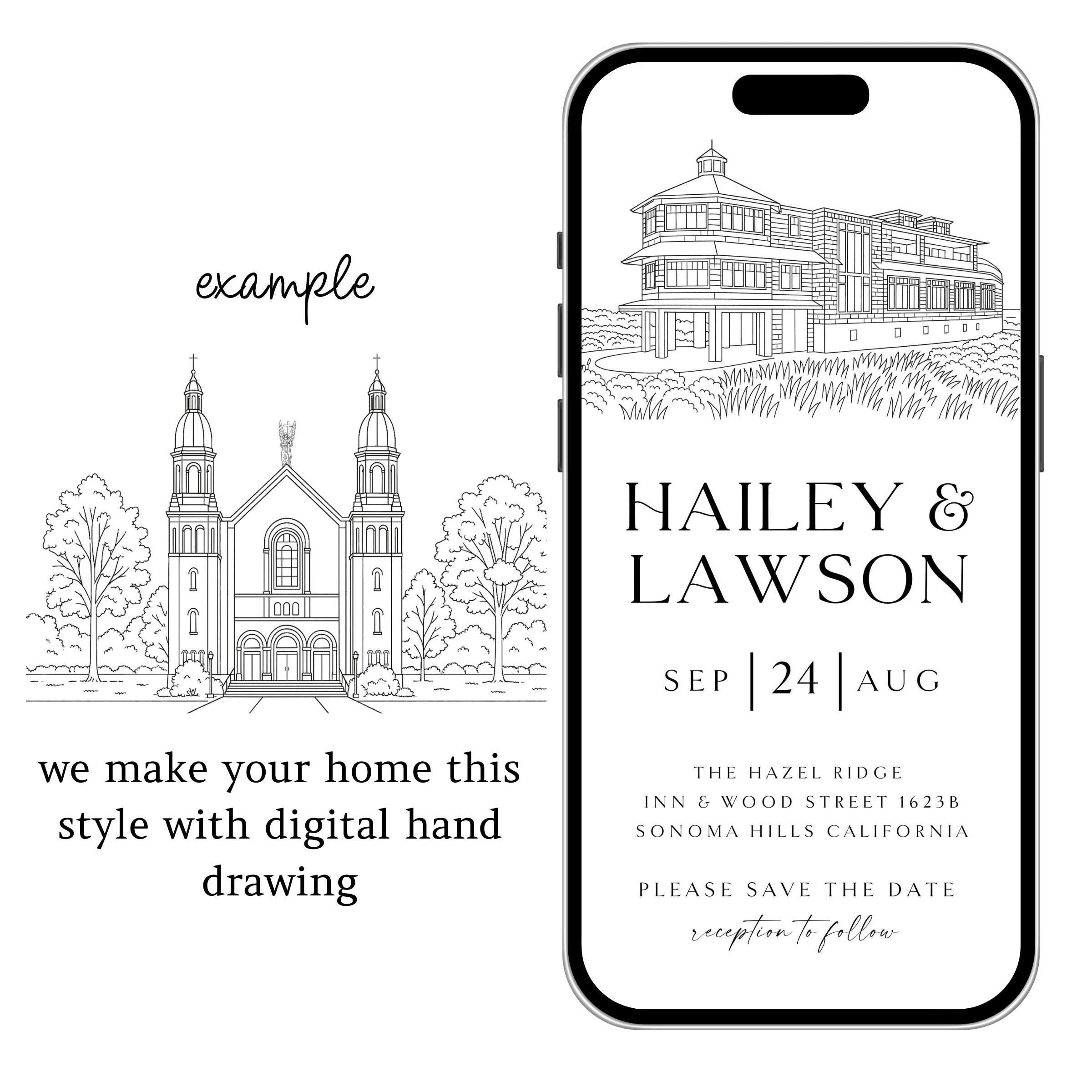 Venue Sketch Save the Date: Digital Wedding Invitation (JPEG, PNG, PDF