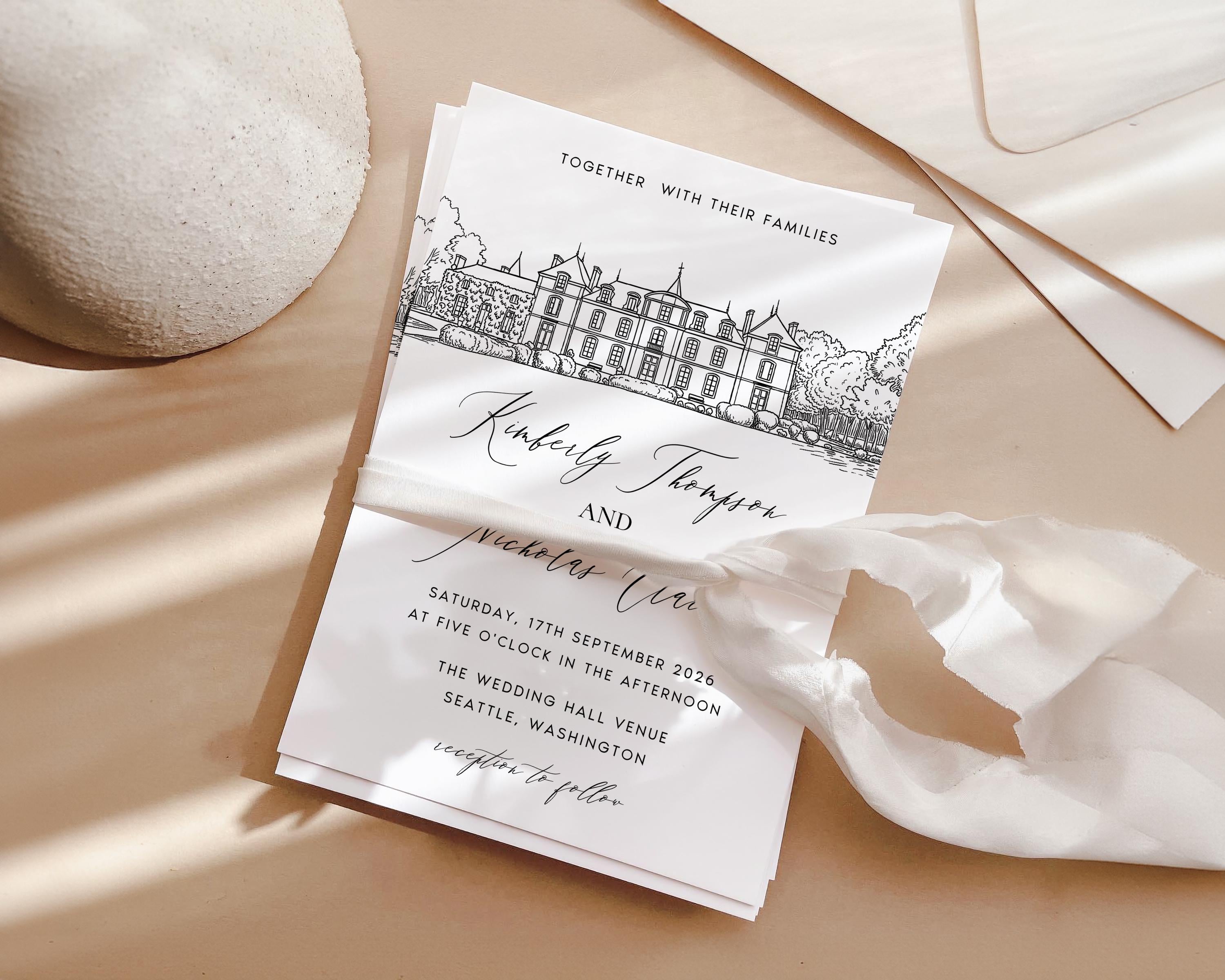 Custom Wedding Venue Lineart Invitation Bundle | Modern Wedding Sketch Illustration Invite | Editable Canva Template