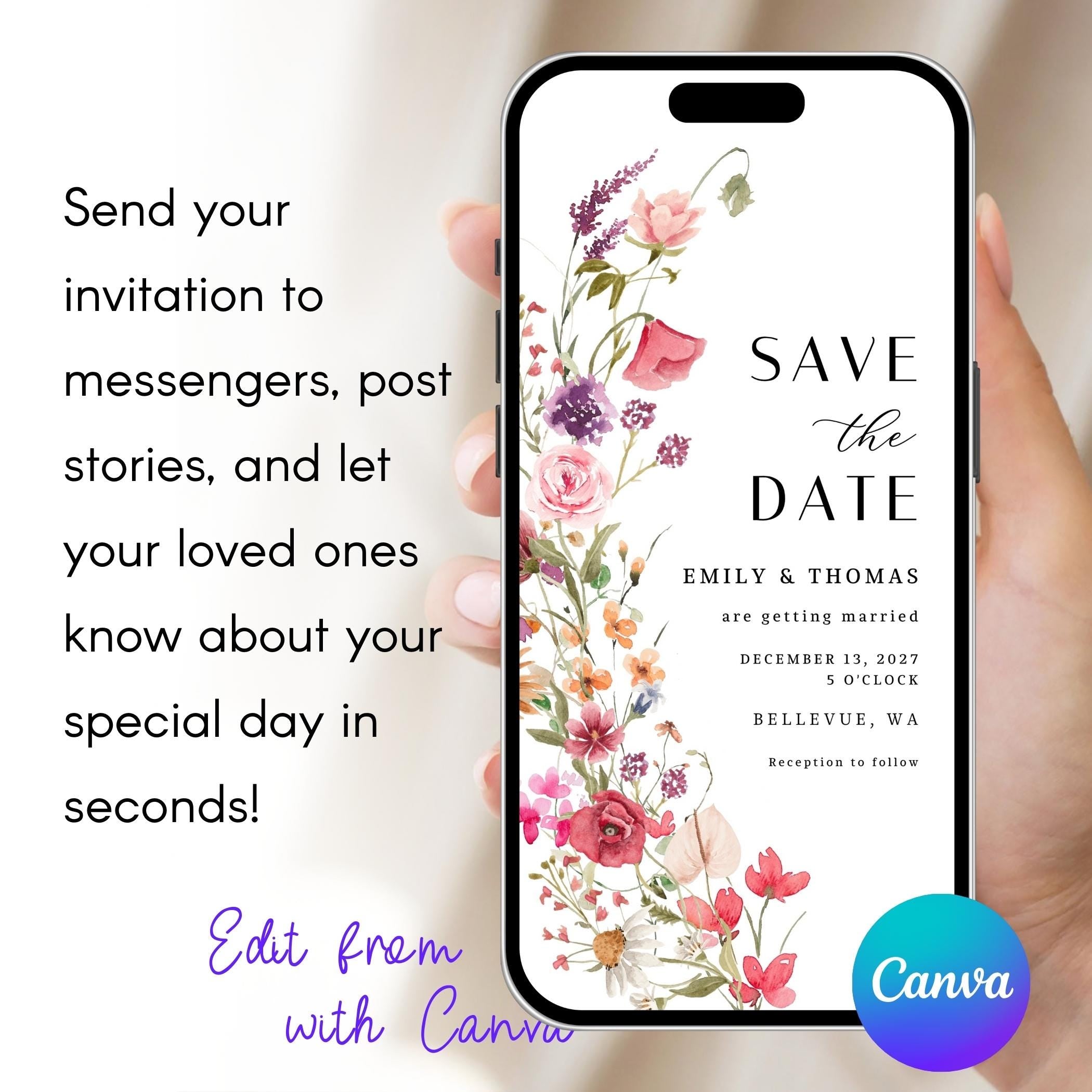 Wildflower Save the Date Video Template: Boho Floral Evite (Digital Download)