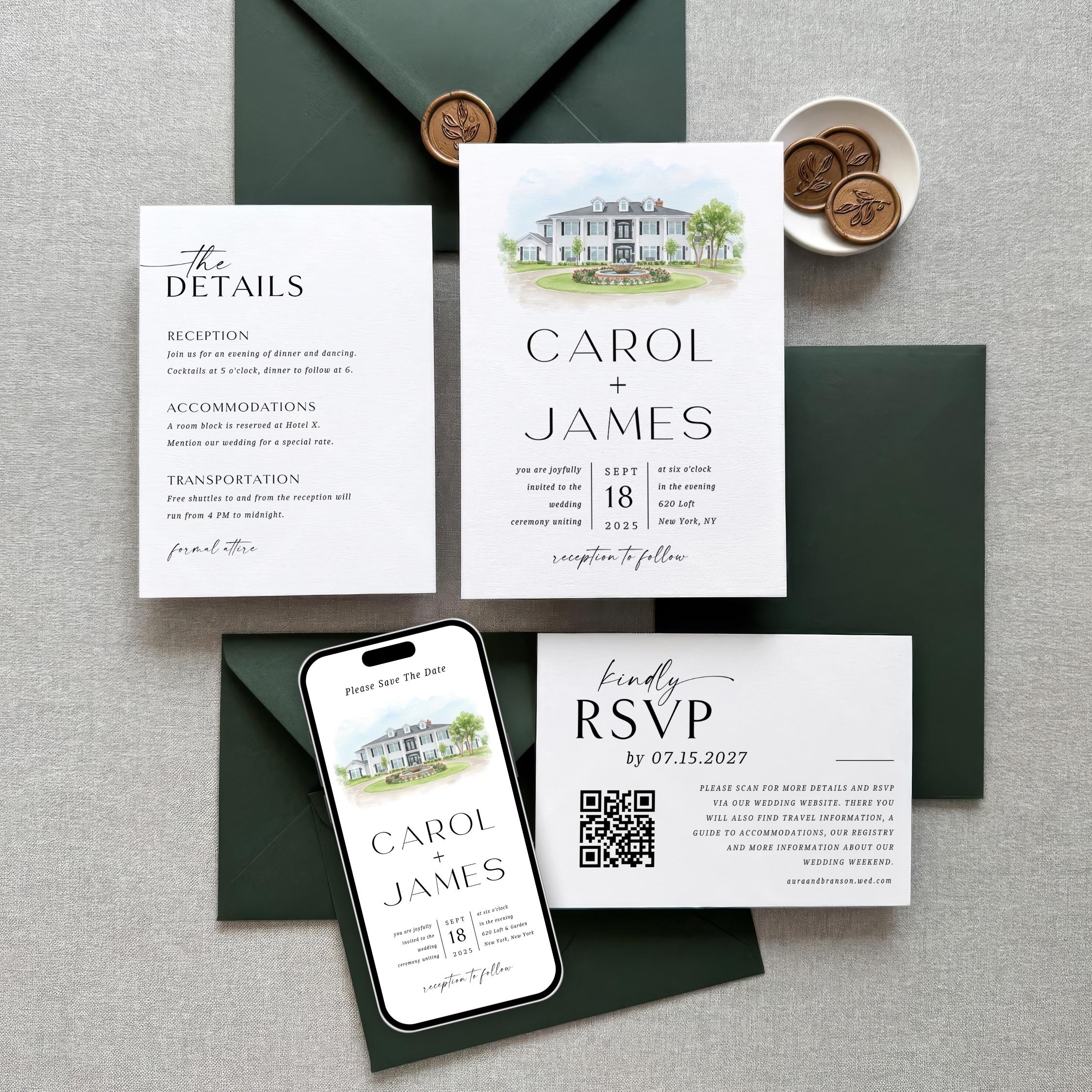 Custom Watercolor Venue Wedding Invitation | Editable Canva Invite Template | Modern Wedd Template,
