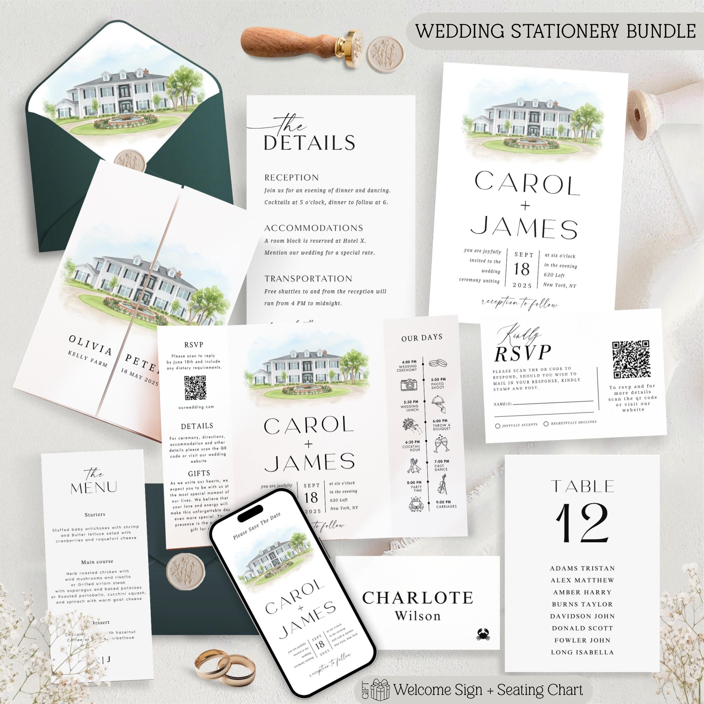 Custom Watercolor Venue Wedding Invitation Suite | Modern Invite set | Editable Canva Template