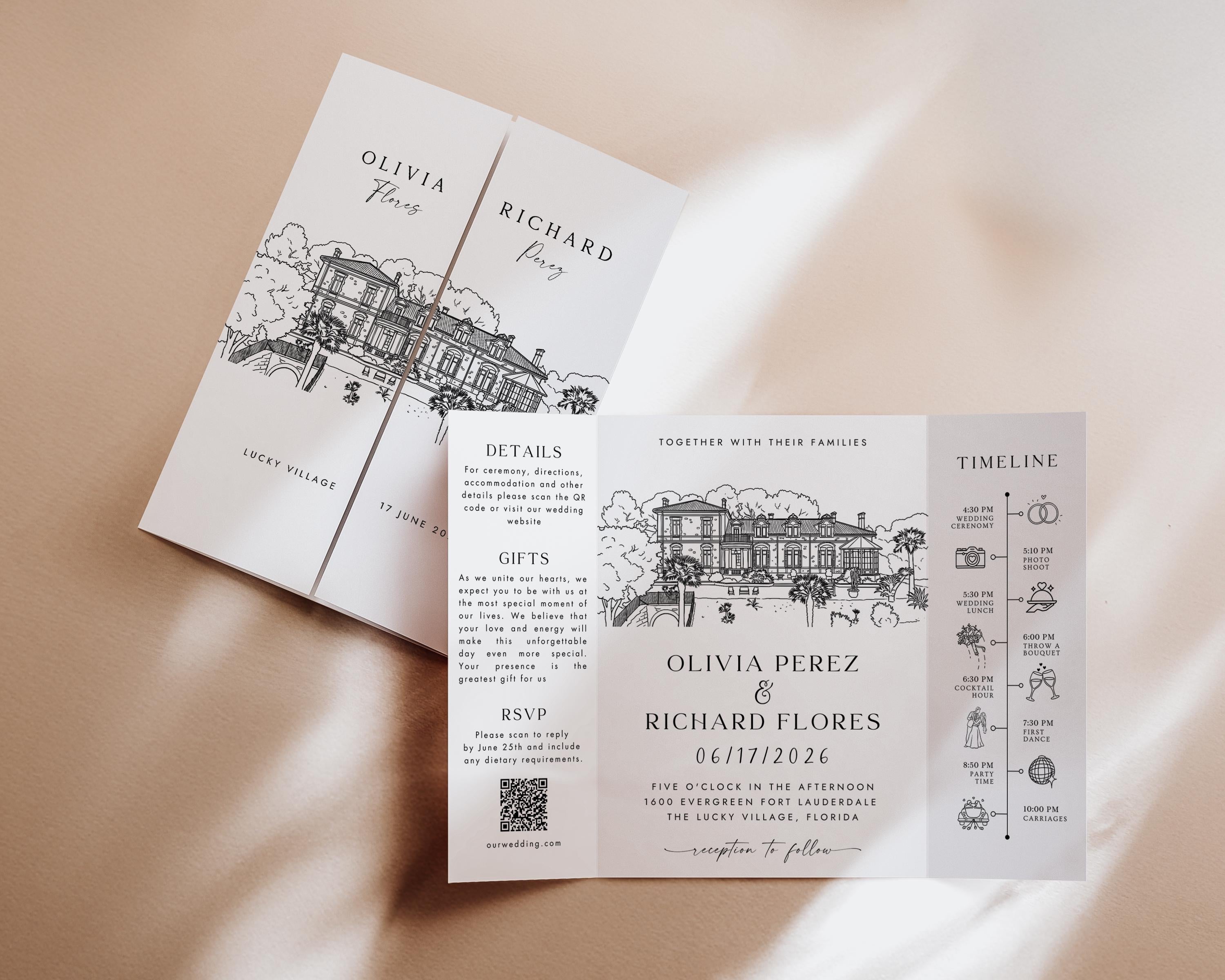 Custom Sketch Venue Gatefold Invitation | Editable Canva Lineart Gatefold Invite | Modern Wedding Template