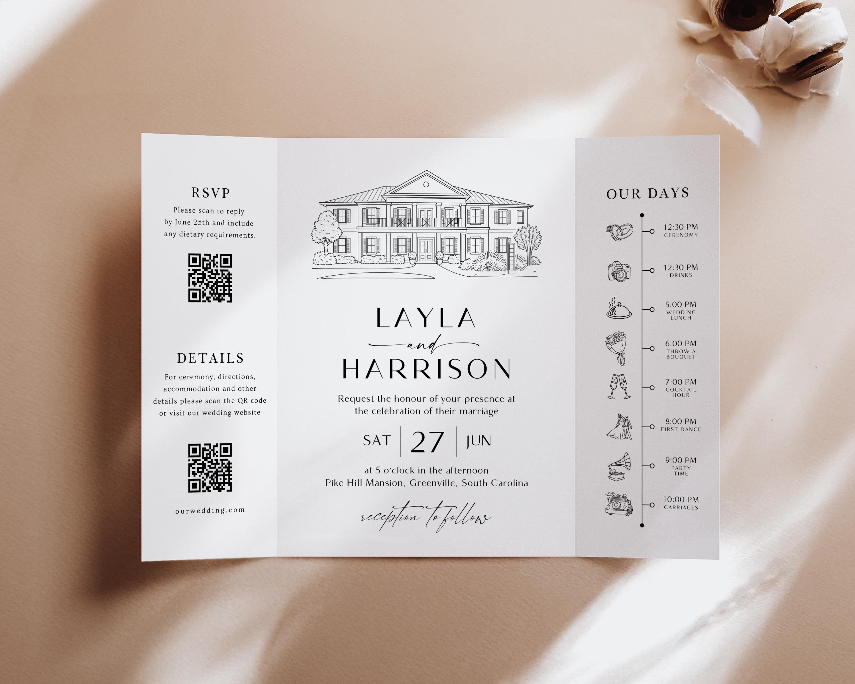 Custom Wedding Venue Illustration Invitation: Line Drawing Gatefold (Canva Template, Digital Download)