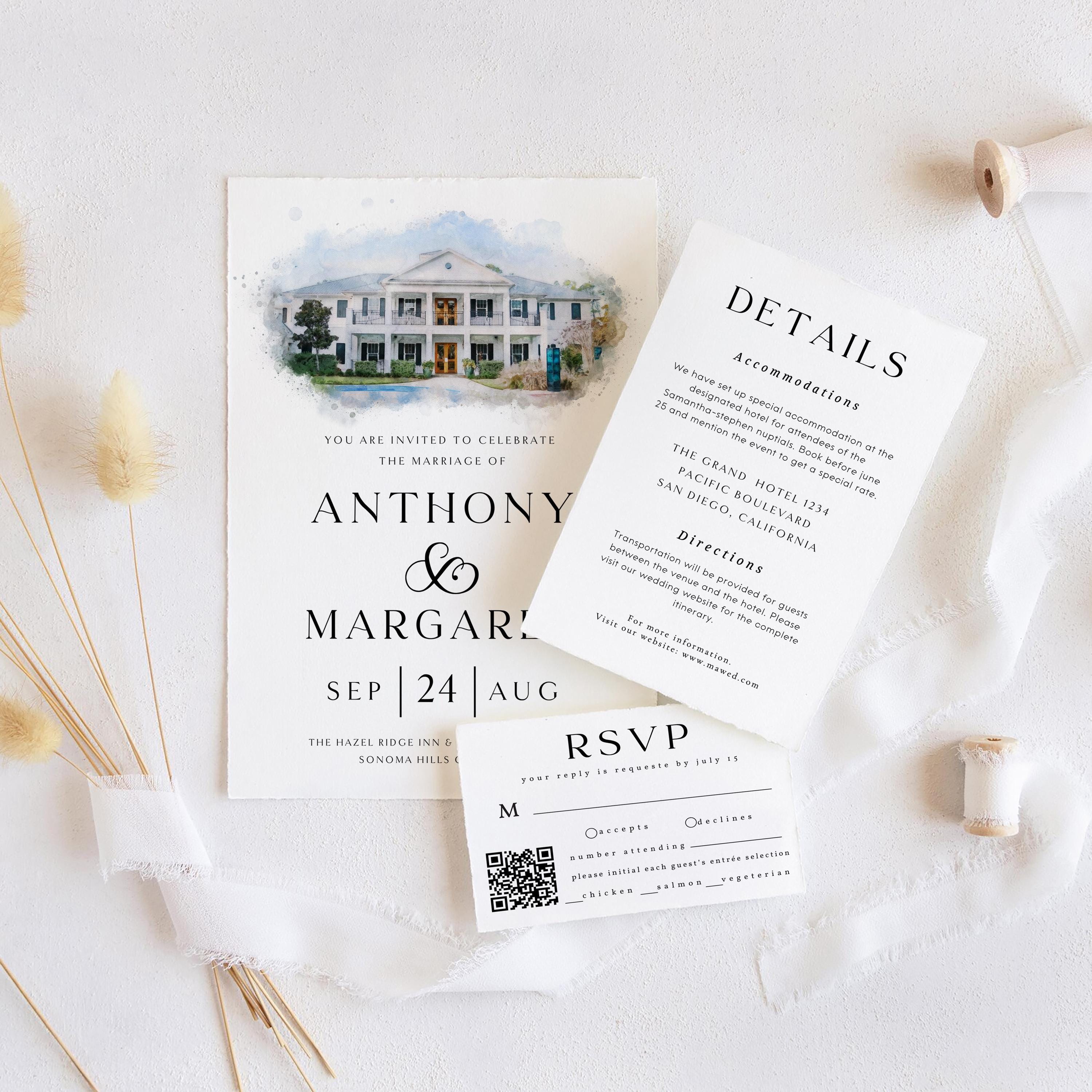 Watercolor Venue Wedding Invitation Template: Custom Illustration (DIY Canva Editable, Digital Download, RSVP Included)