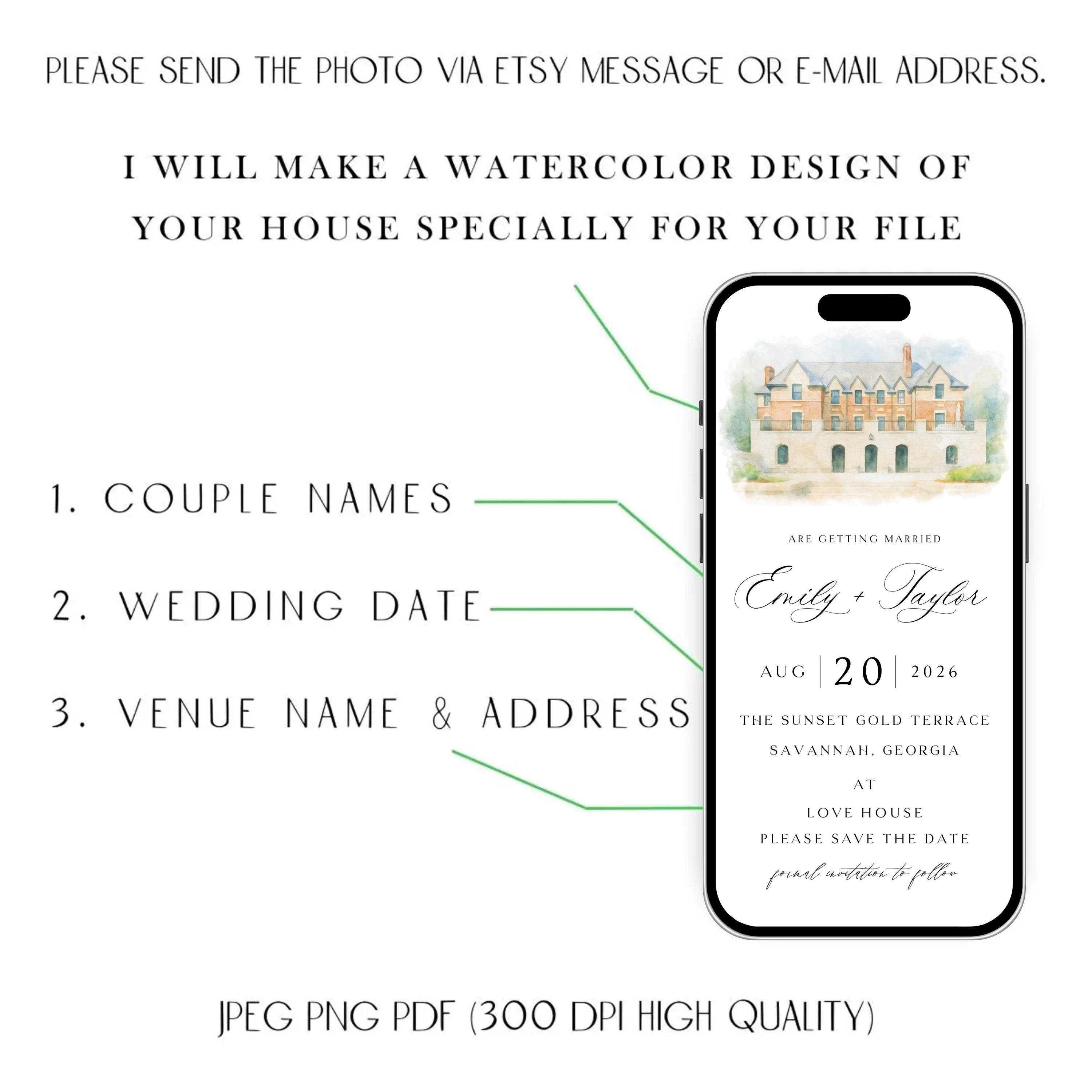 Digital Venue Sketch Save the Date: Watercolor Wedding E-vite (JPEG, PNG, PDF