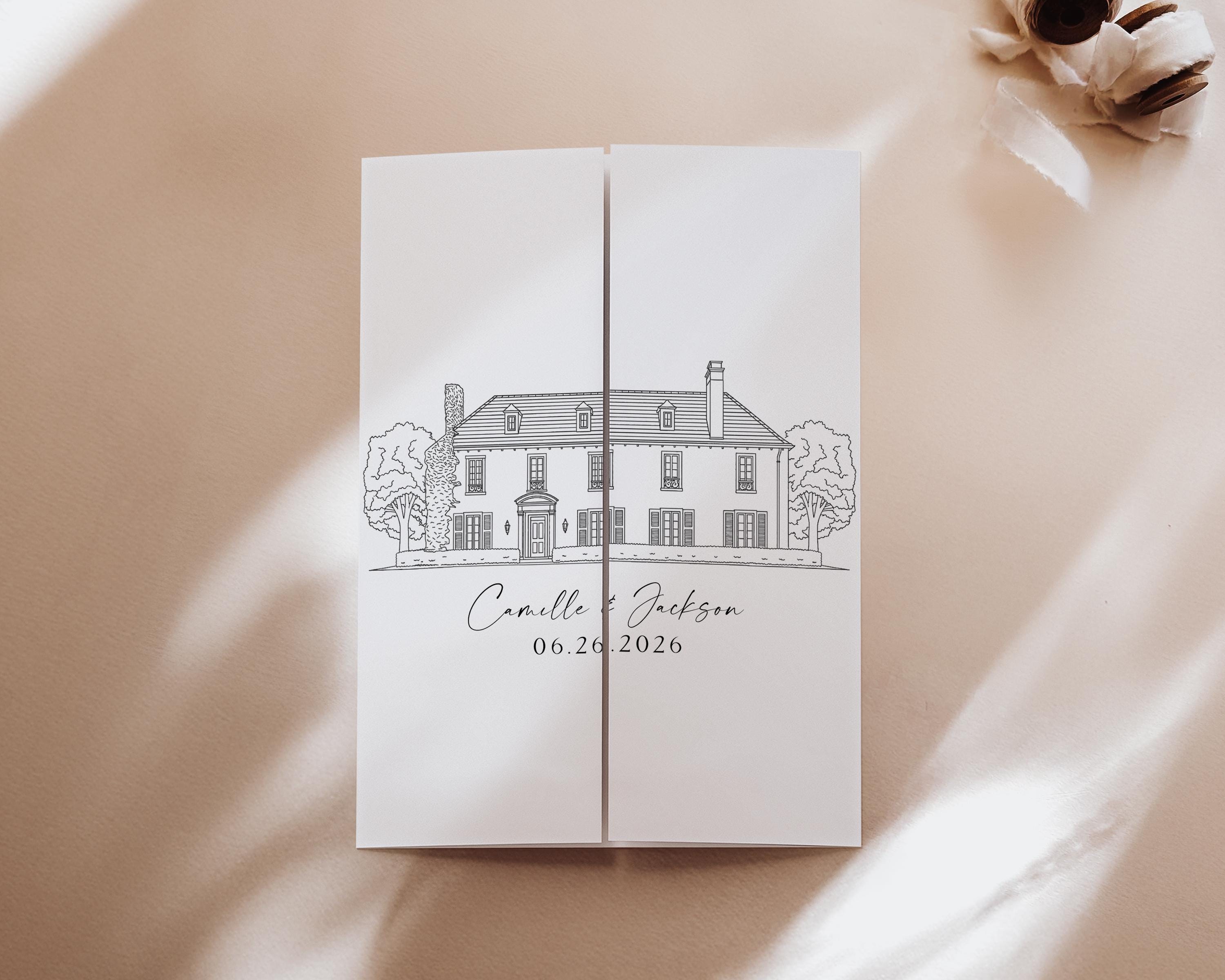 Custom Wedding Venue Illustration Invitation: Line Drawing Gatefold Template ( Digital Download, Canva Editable)