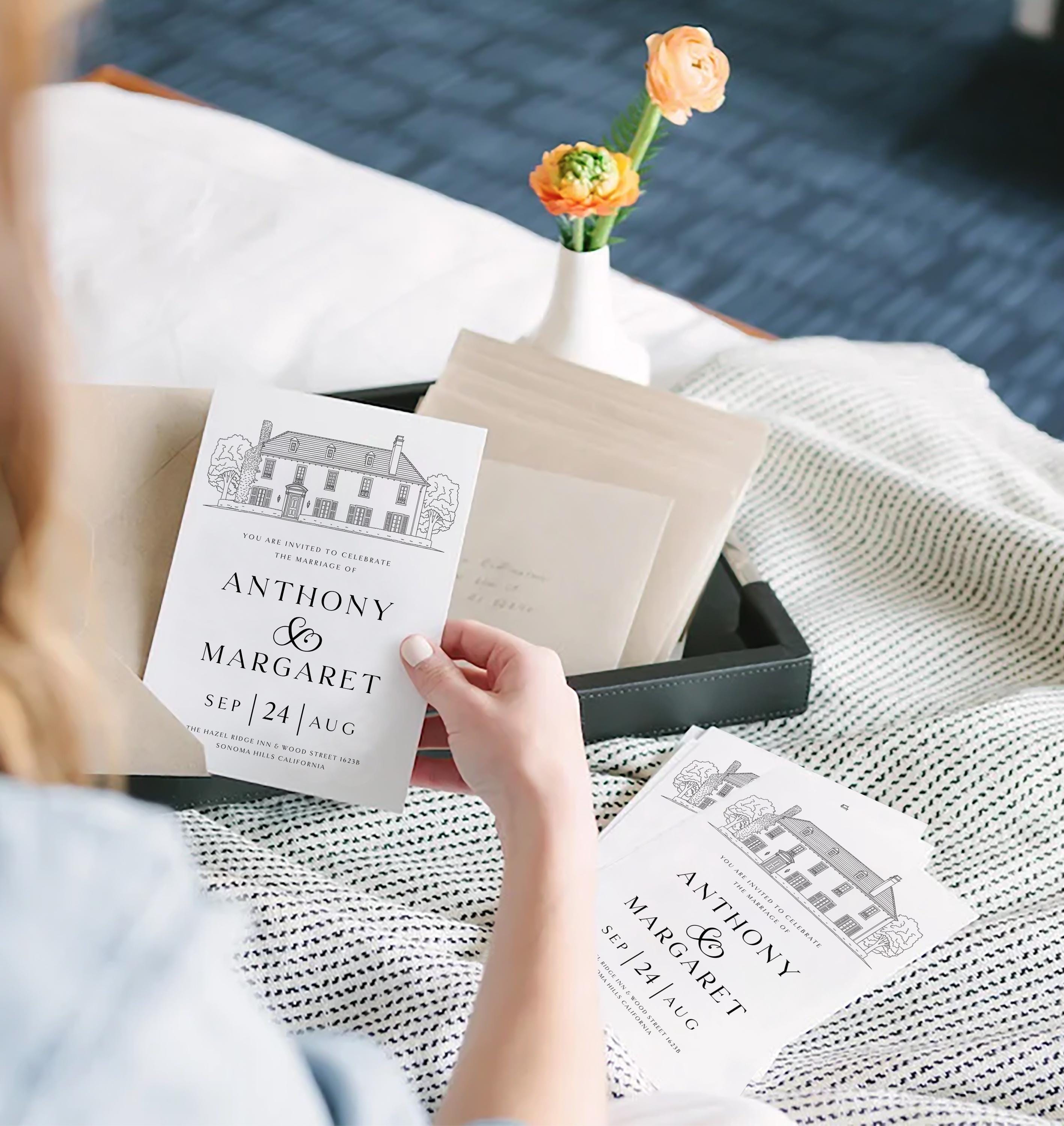 Wedding Venue Line Art Invitation: Custom Venue Sketch (Canva Template, Digital Download)