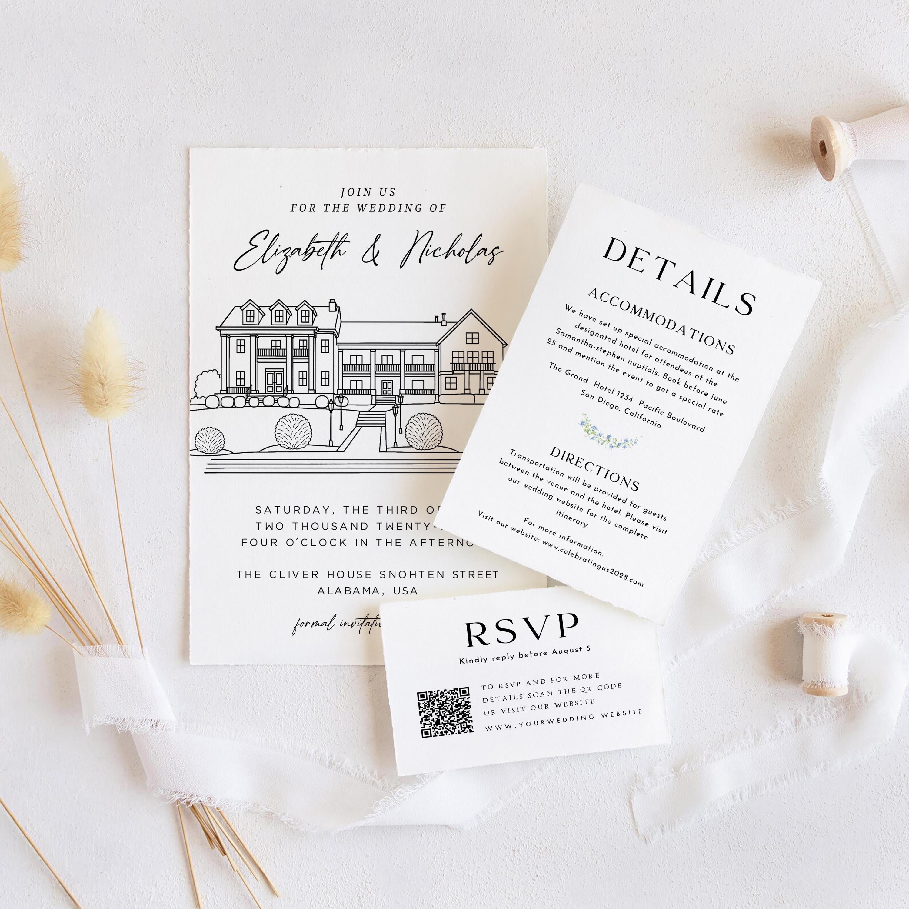 Personalized Wedding Venue Sketch Invitation Suite, Fully Editable DIY Canva Template, Wedding Stationery Bundle