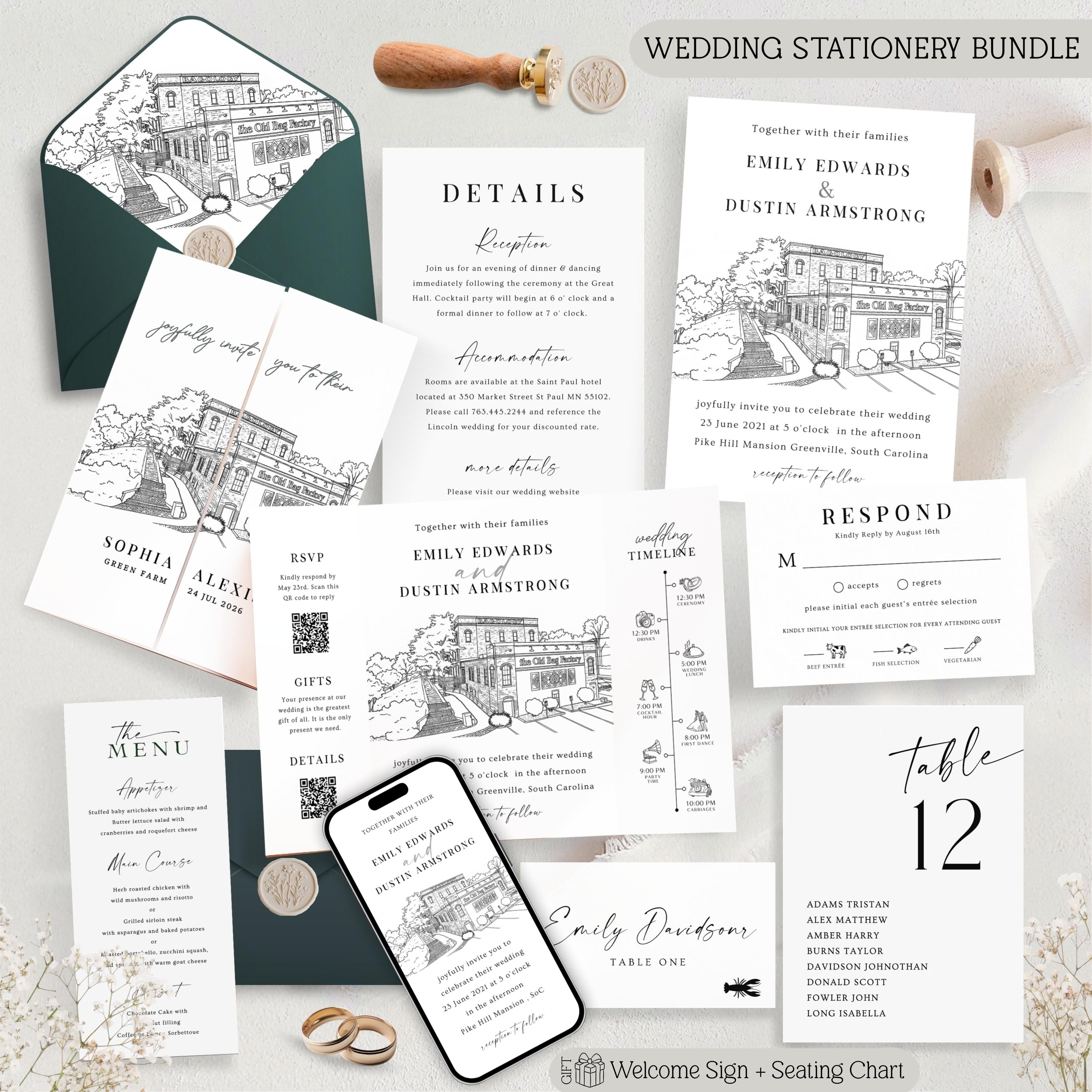 Custom Wedding Venue Lineart Invitation Bundle | Modern Wedding Sketch Illustration Invite | Editable Canva Template