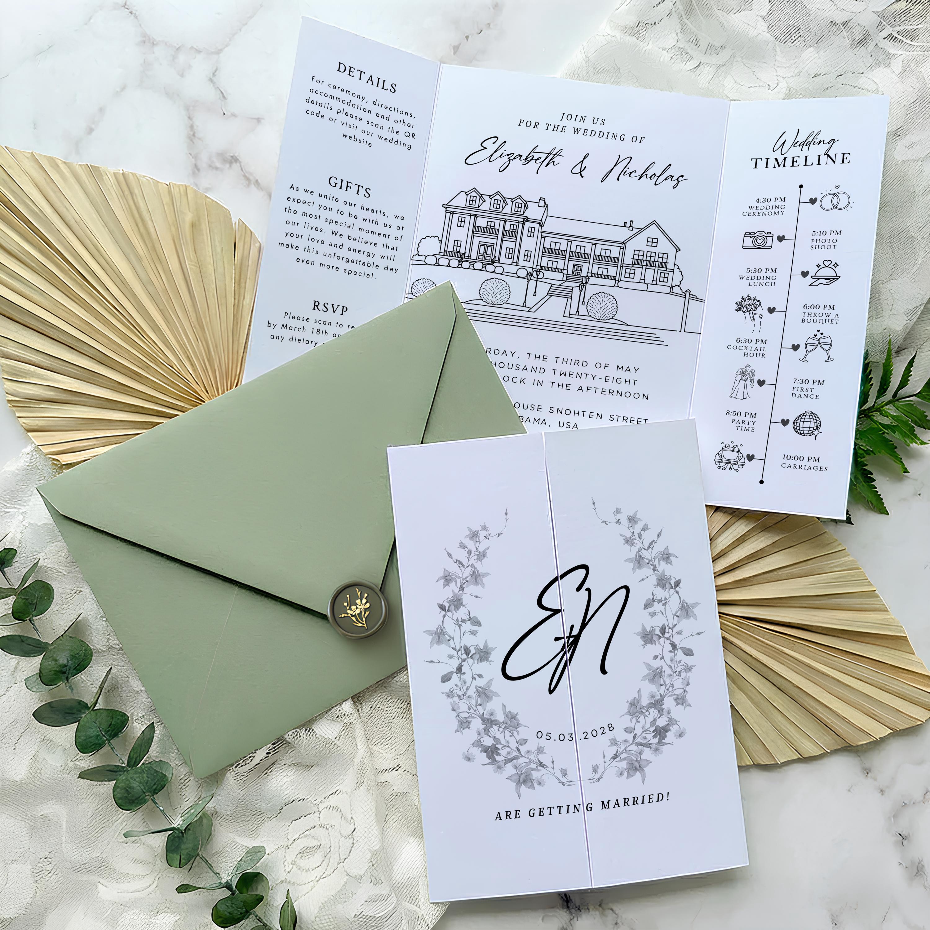 Custom Wedding Venue Lineart Invitation Bundle | Modern Wedding Sketch Illustration Invite | Editable Canva Template