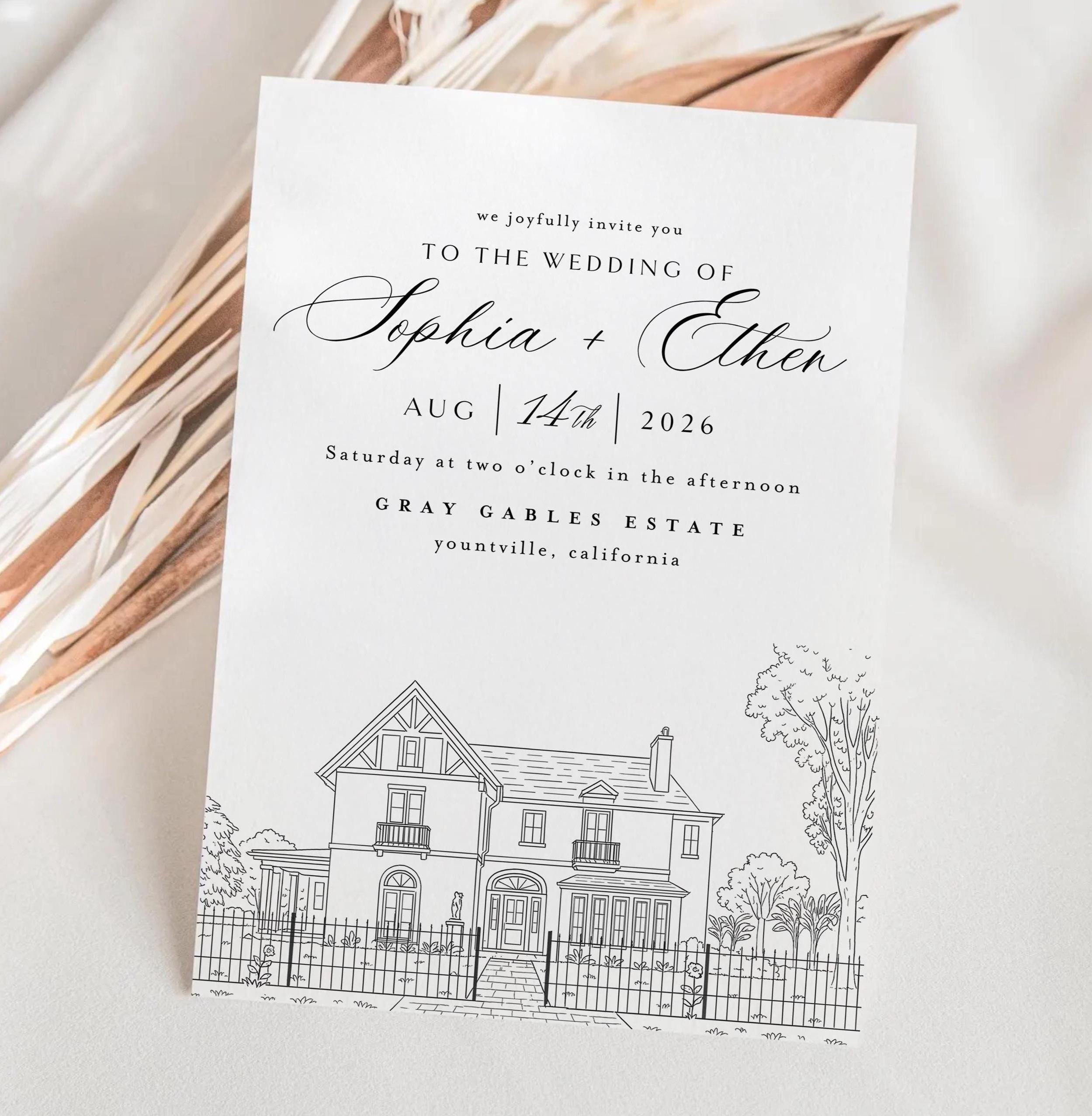 Venue Illustration Wedding Invitation: Editable Template (Canva)
