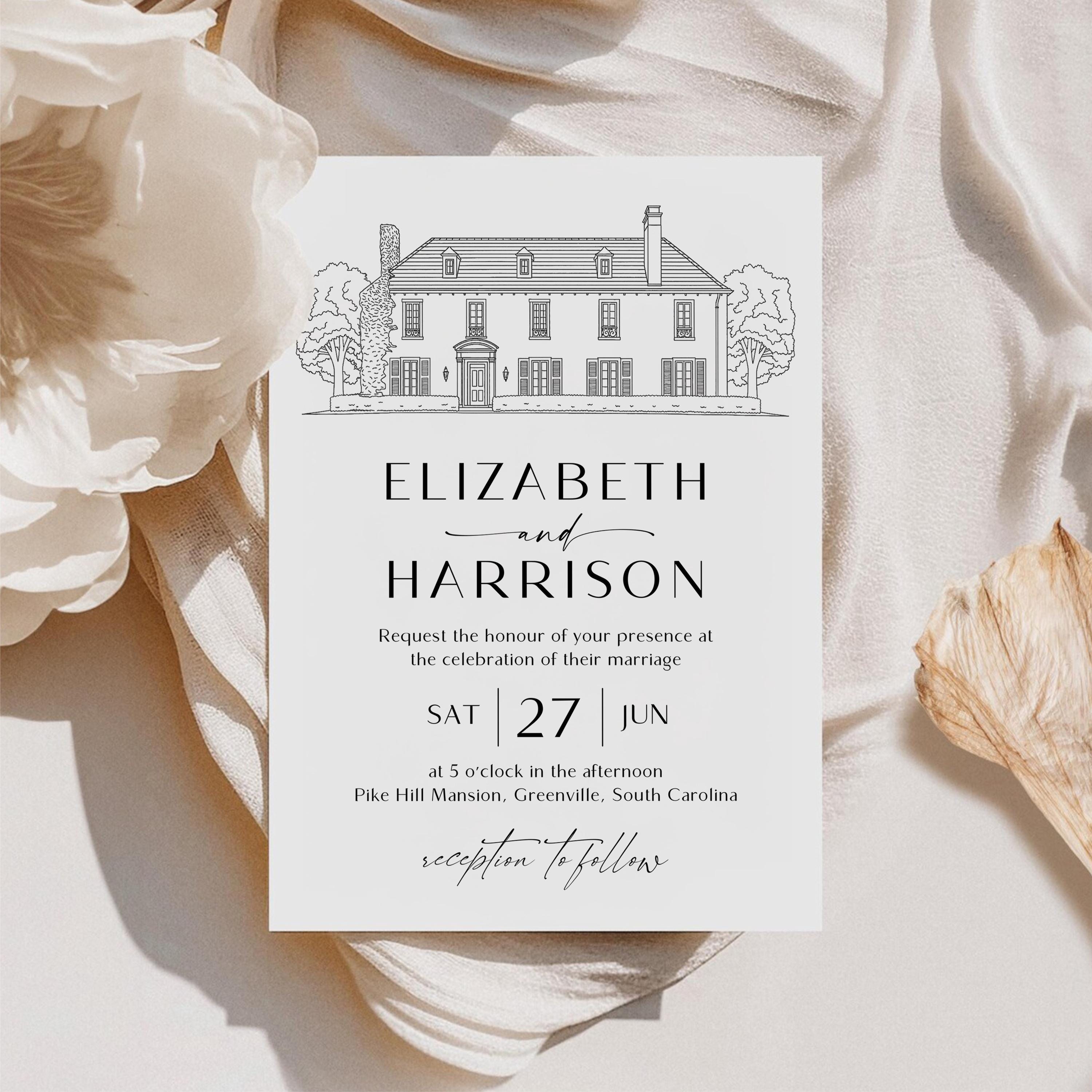 Custom Venue Line Art Wedding Invitation Template (DIY Canva Edit, Digital Download)
