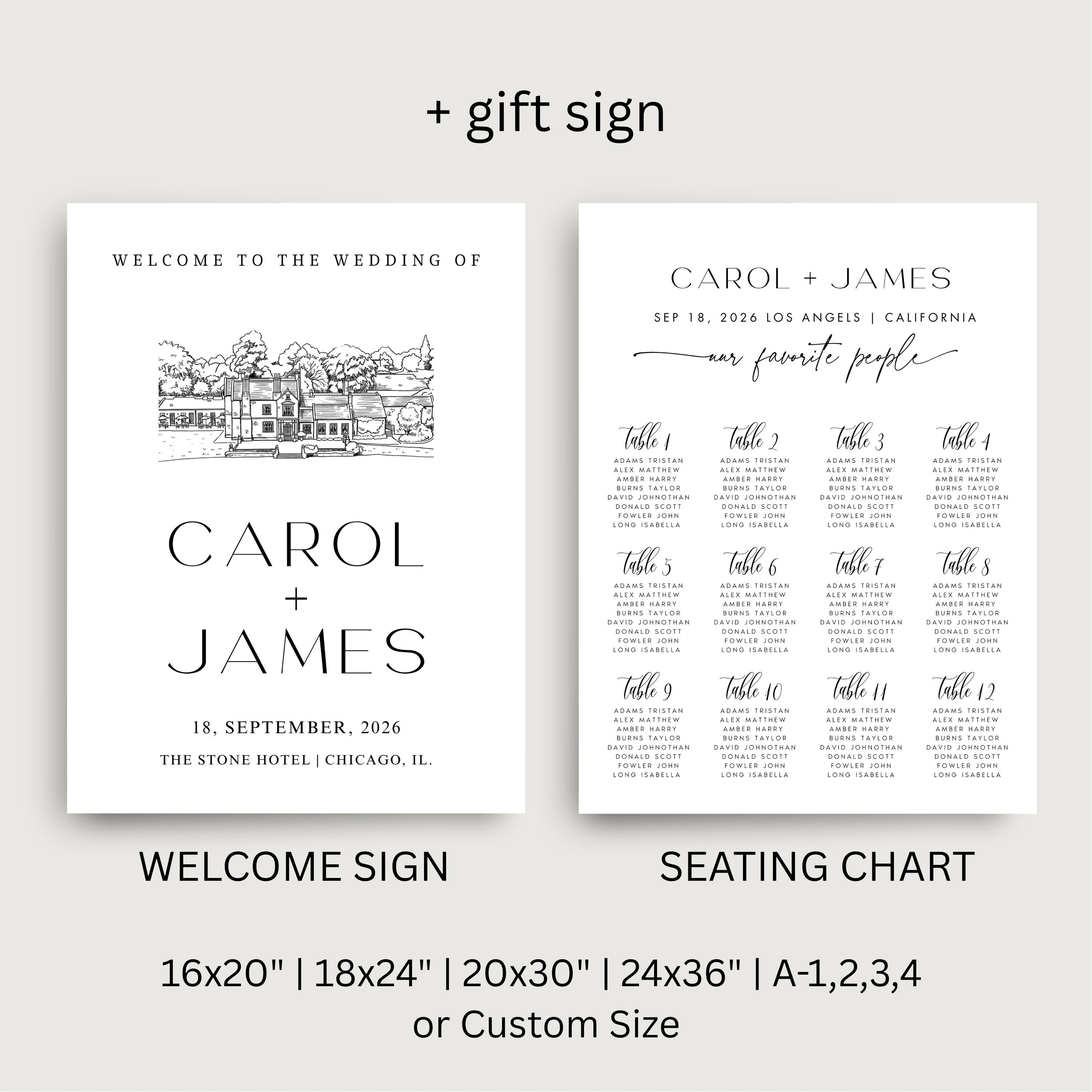 Custom Venue Lineart Invitation Suite | Editable Modern Wedding Invite Canva Template, Wedding Stationery Bundle