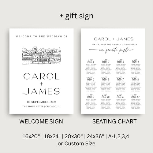 Custom Venue Lineart Invitation Suite | Editable Modern Wedding Invite Canva Template, Wedding Stationery Bundle