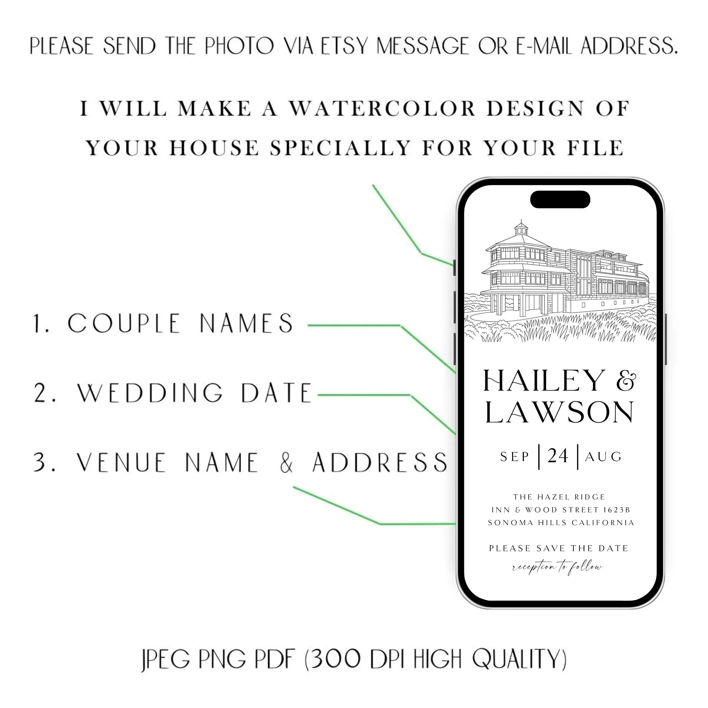 Venue Sketch Save the Date: Digital Wedding Invitation (JPEG, PNG, PDF